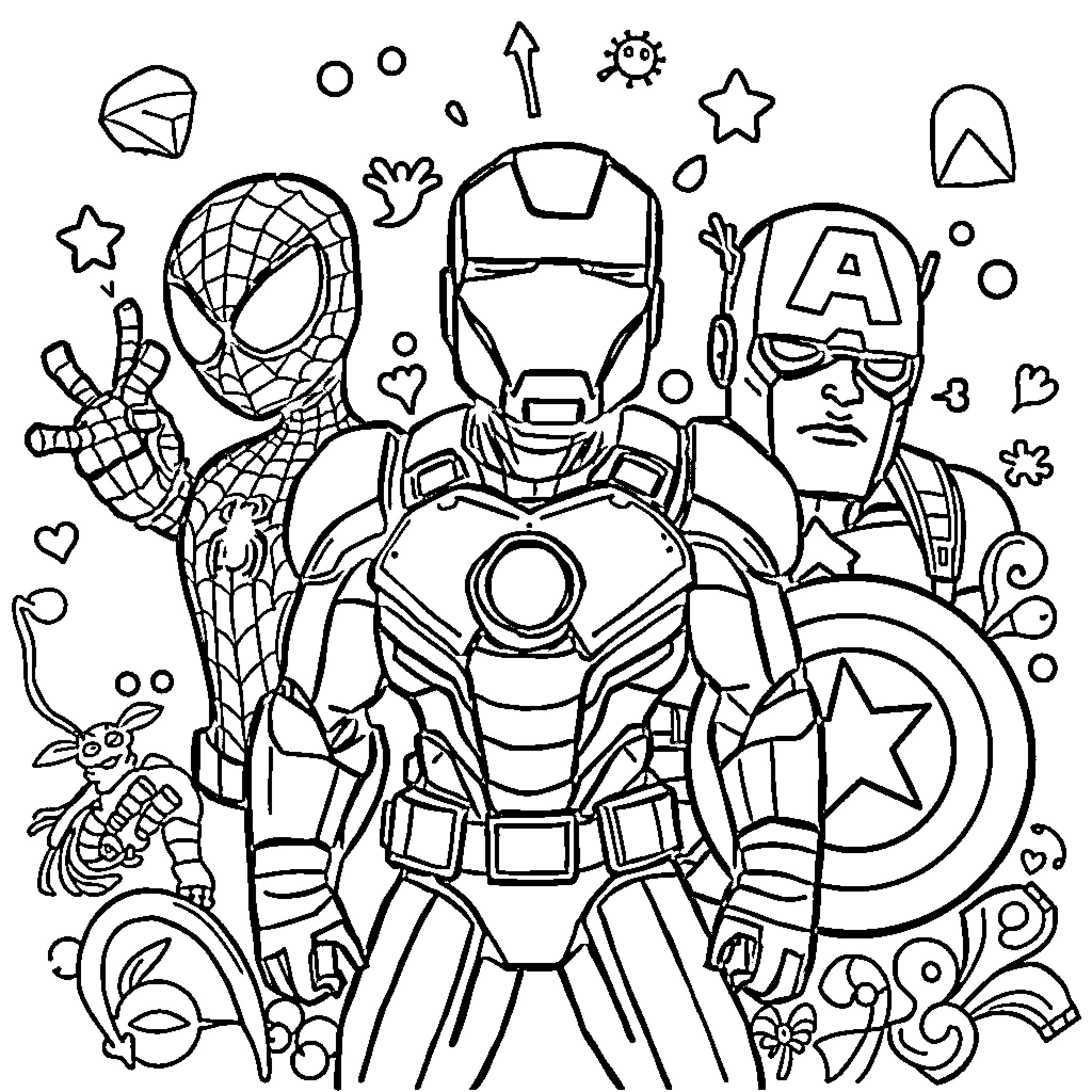 Marvel Heroes in Action: Outfits and Expressions Coloring Page (free black-and-white line drawing printable PDF for all, from beginners to advanced learners, including children, teens, adults, and seniors)