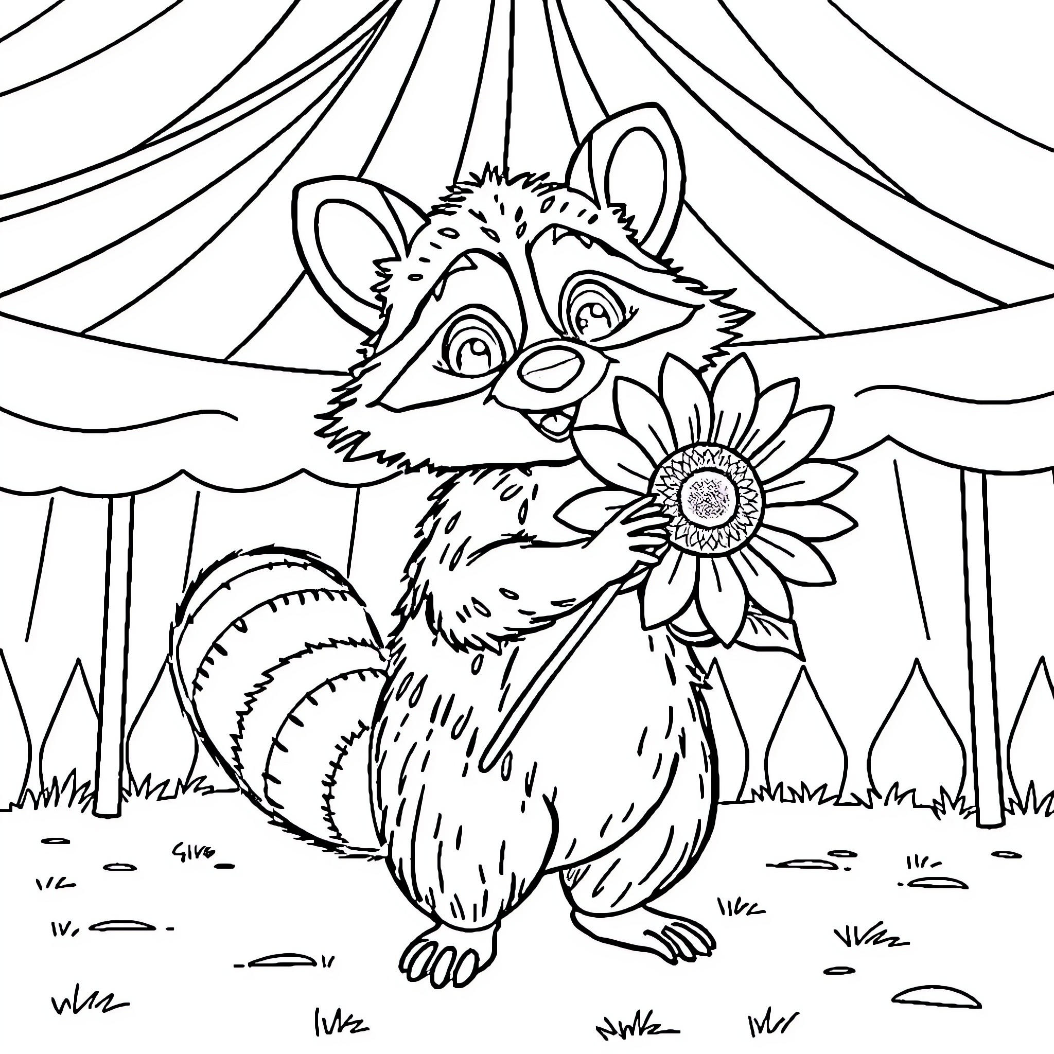 Raccoon holding a sunflower in a circus tent Coloring Page (free black-and-white line drawing printable PDF for all, from beginners to advanced learners, including children, teens, adults, and seniors)