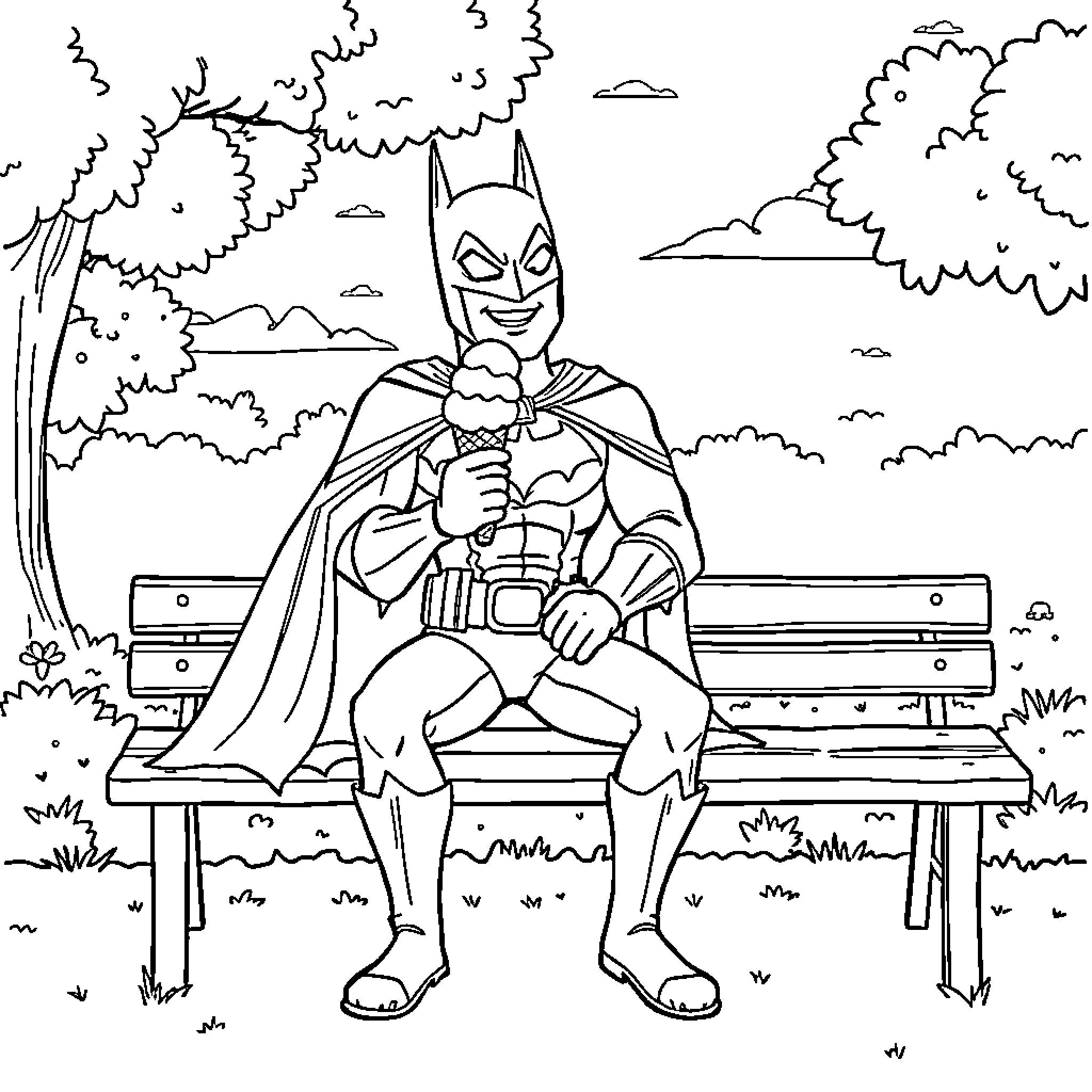 Batman relaxing on a park bench Coloring Page (free black-and-white line drawing printable PDF for all, from beginners to advanced learners, including children, teens, adults, and seniors)