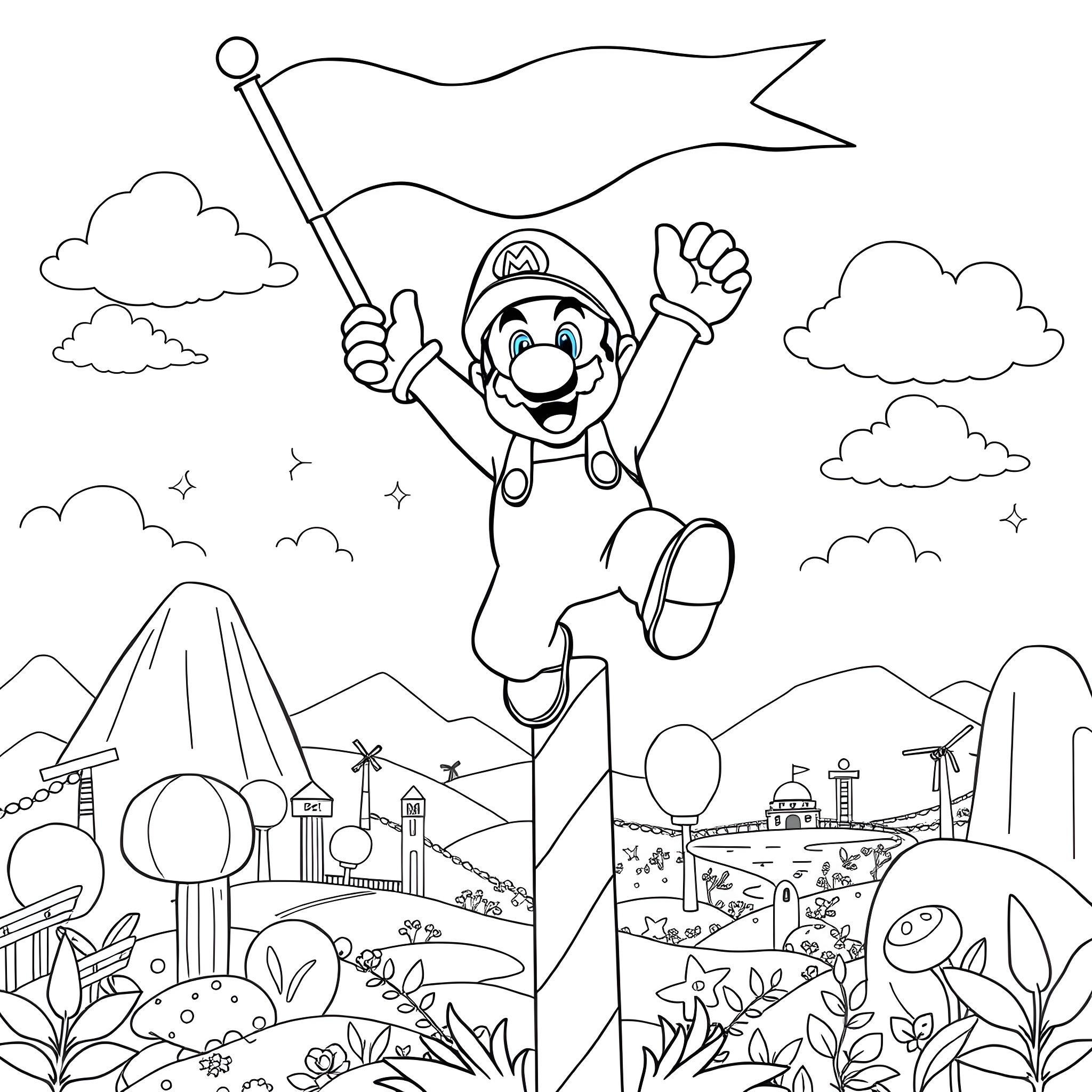 Super Mario Jumping for Joy in Colorful Landscape Coloring Page (free black-and-white line drawing printable PDF for all, from beginners to advanced learners, including children, teens, adults, and seniors)