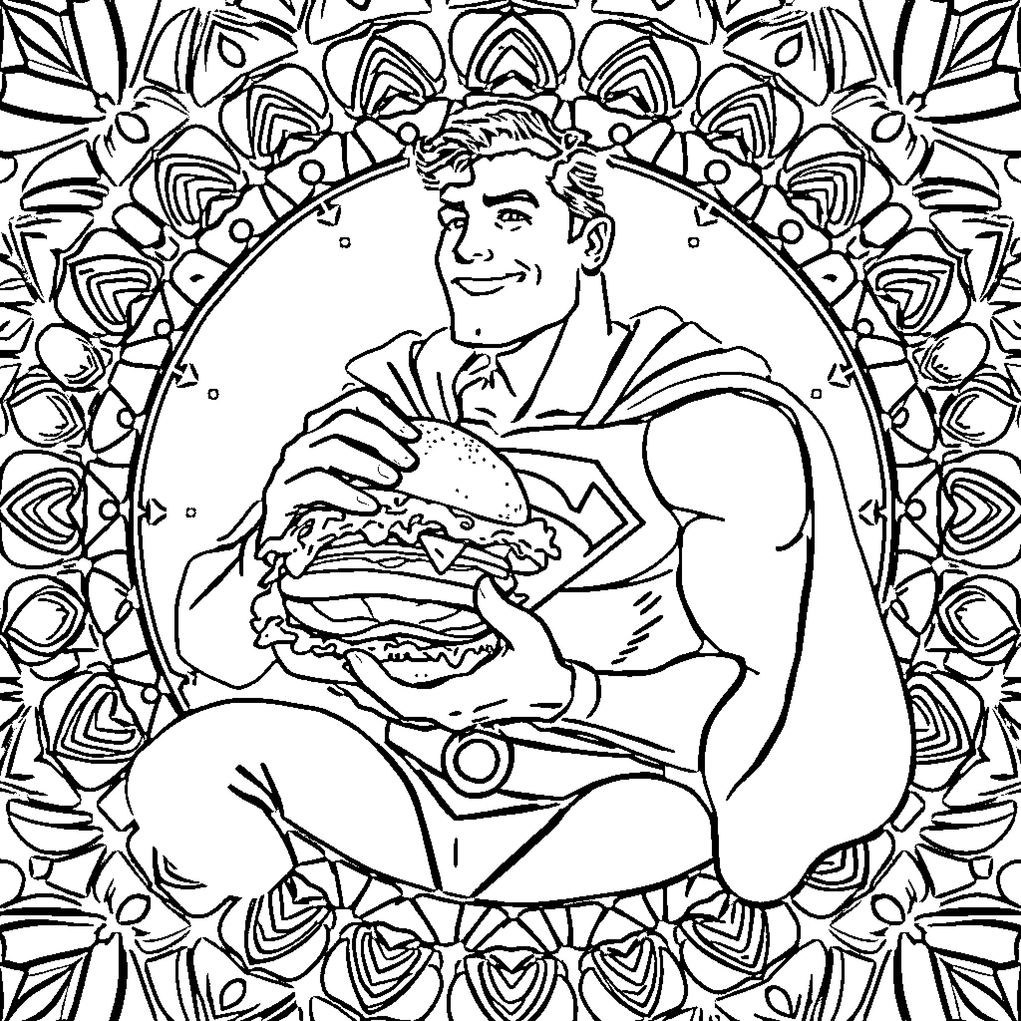 Superman enjoying a delicious burger with a floral border Coloring Page (free black-and-white line drawing printable PDF for all, from beginners to advanced learners, including children, teens, adults, and seniors)