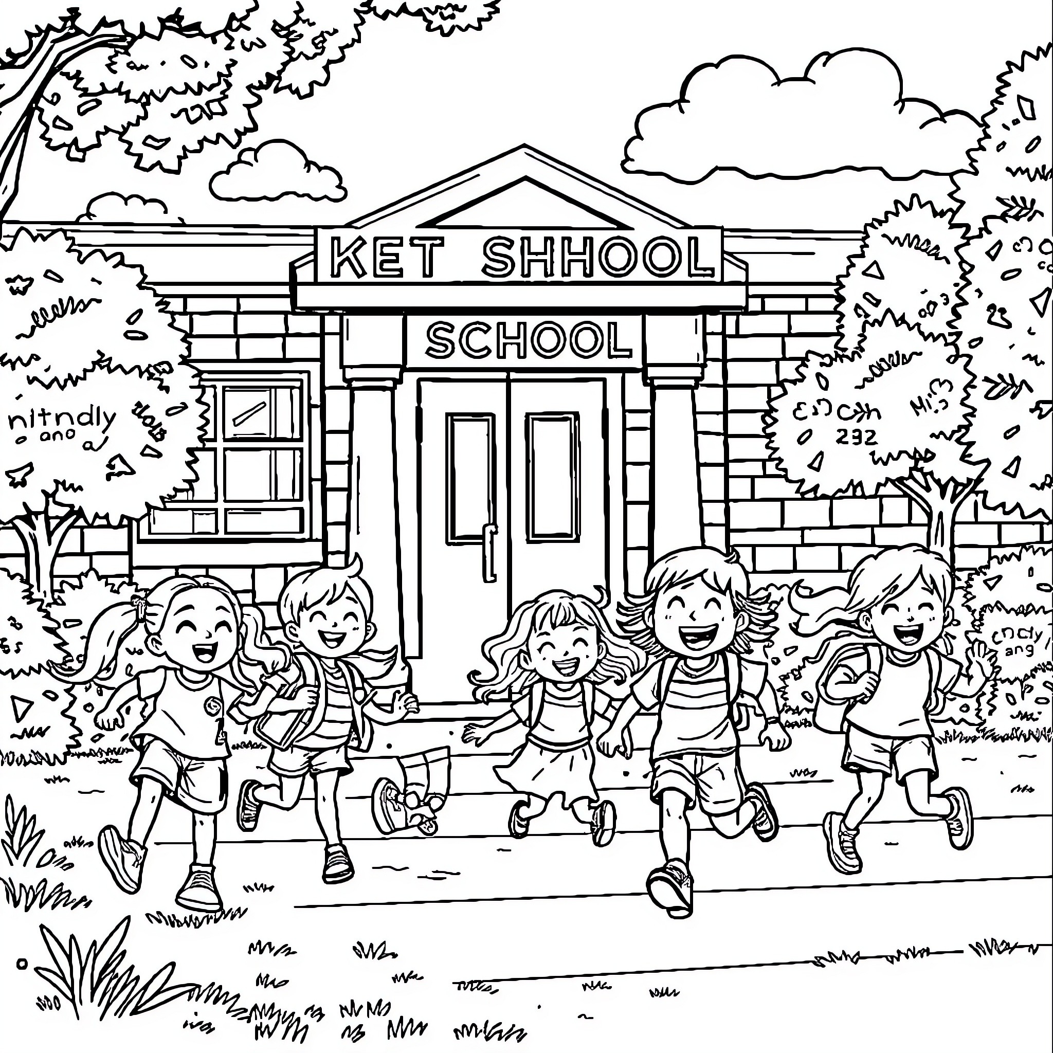 Kids playing outside their school building Coloring Page (free black-and-white line drawing printable PDF for all, from beginners to advanced learners, including children, teens, adults, and seniors)