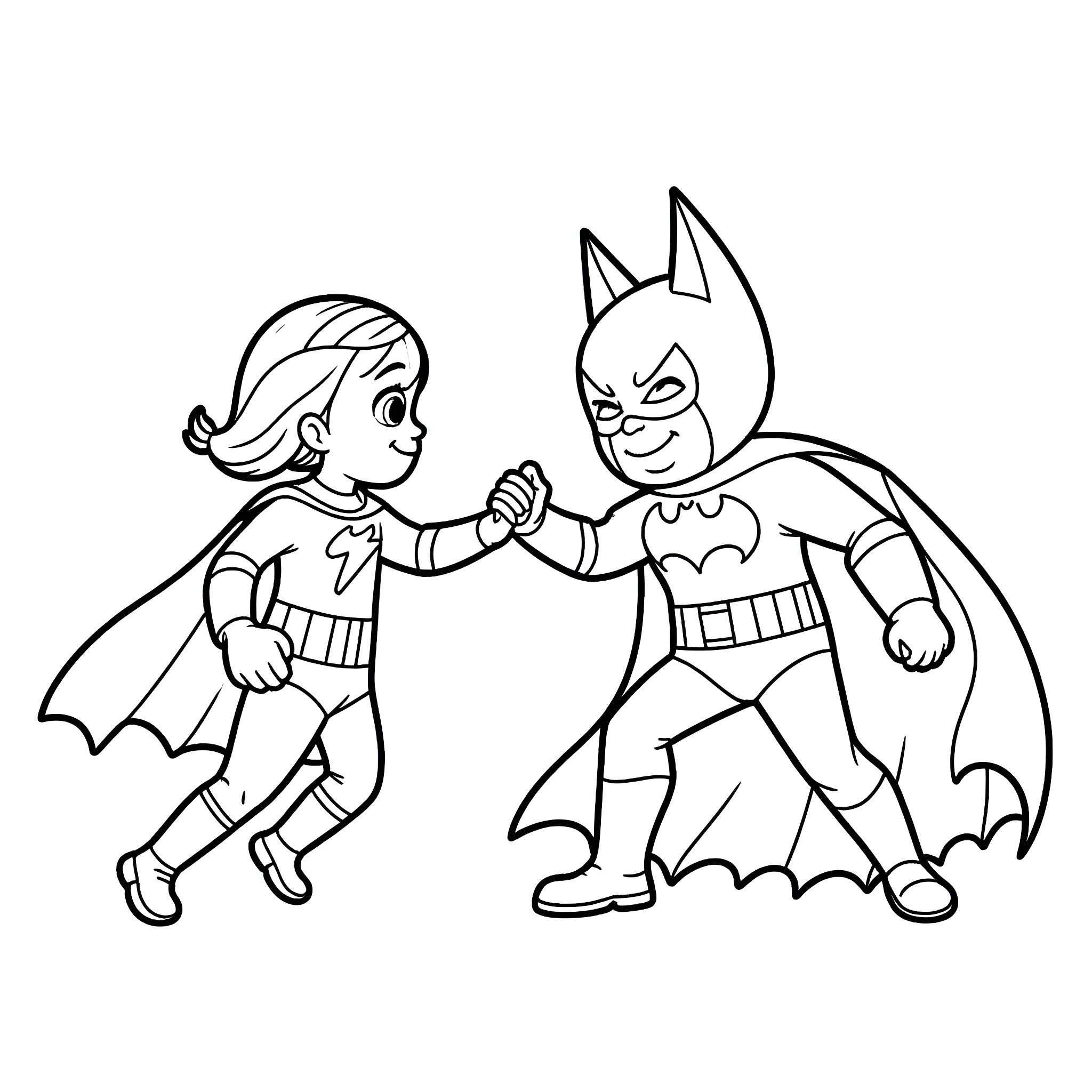 Girl and Superhero Shaking Hands Coloring Page (free black-and-white line drawing printable PDF for all, from beginners to advanced learners, including children, teens, adults, and seniors)