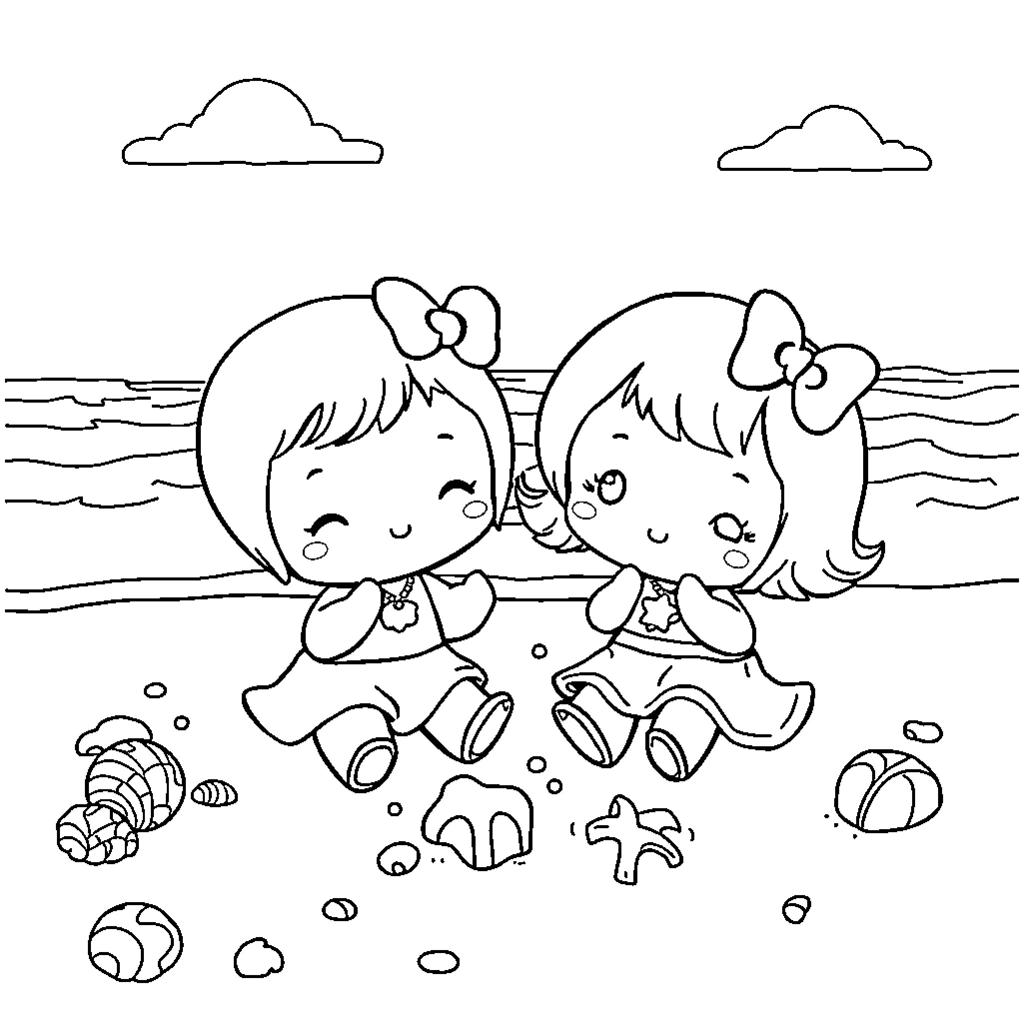 Little Twin Stars playing joyfully at the beach Coloring Page (free black-and-white line drawing printable PDF for all, from beginners to advanced learners, including children, teens, adults, and seniors)