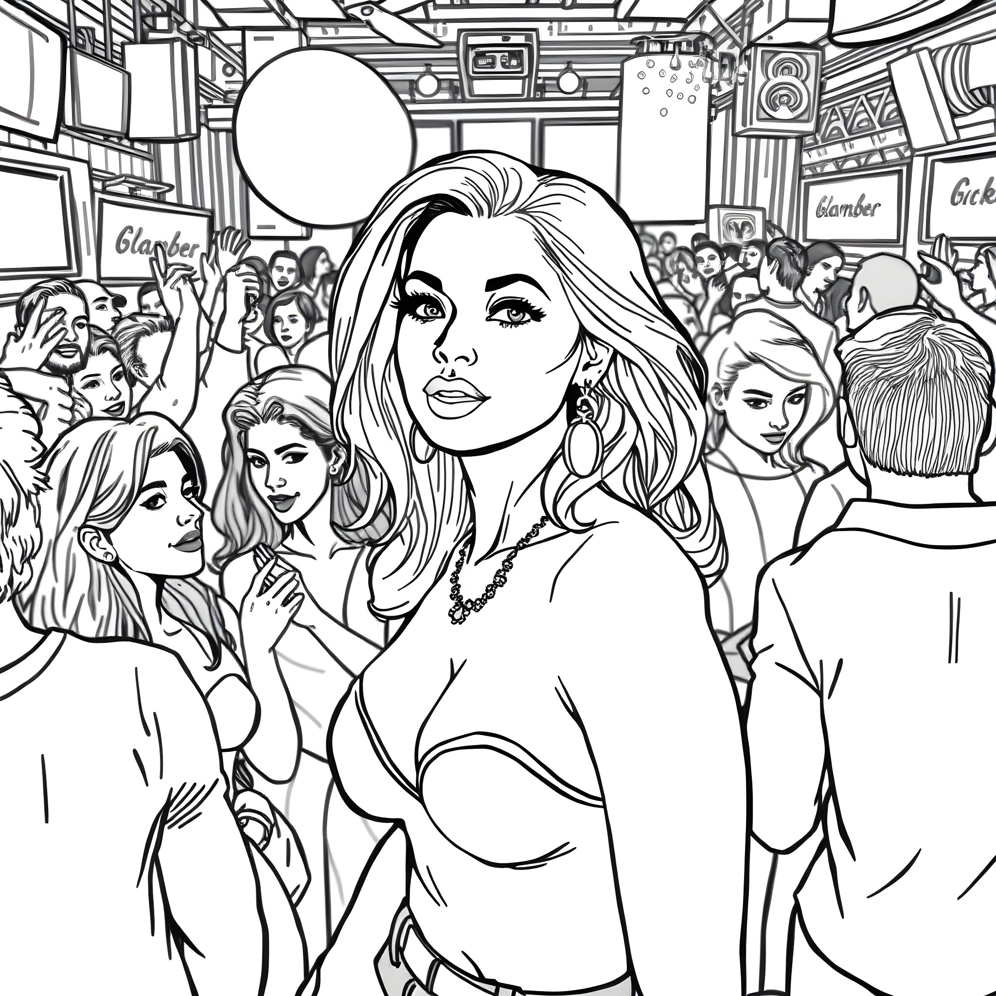Woman in crowd scene with expressions and outfits Coloring Page (free black-and-white line drawing printable PDF for all, from beginners to advanced learners, including children, teens, adults, and seniors)
