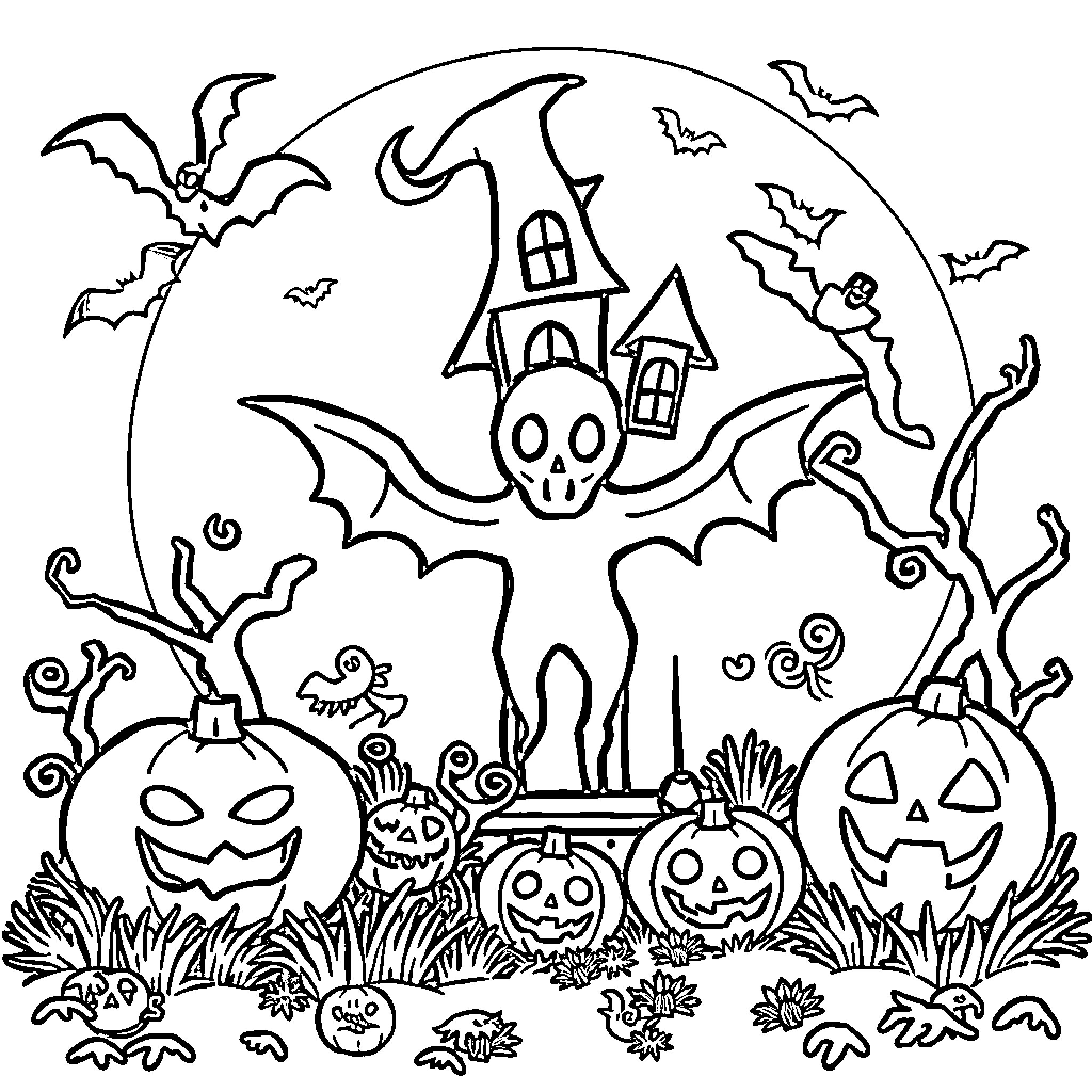 Halloween haunted house and spooky pumpkins Coloring Page (free black-and-white line drawing printable PDF for all, from beginners to advanced learners, including children, teens, adults, and seniors)