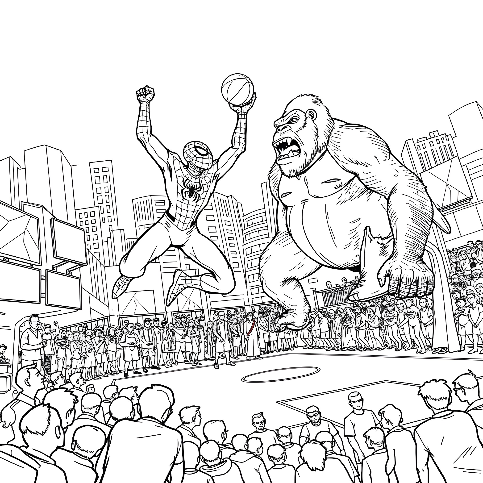 Spiderman battling a giant monster in the city Coloring Page (free black-and-white line drawing printable PDF for all, from beginners to advanced learners, including children, teens, adults, and seniors)