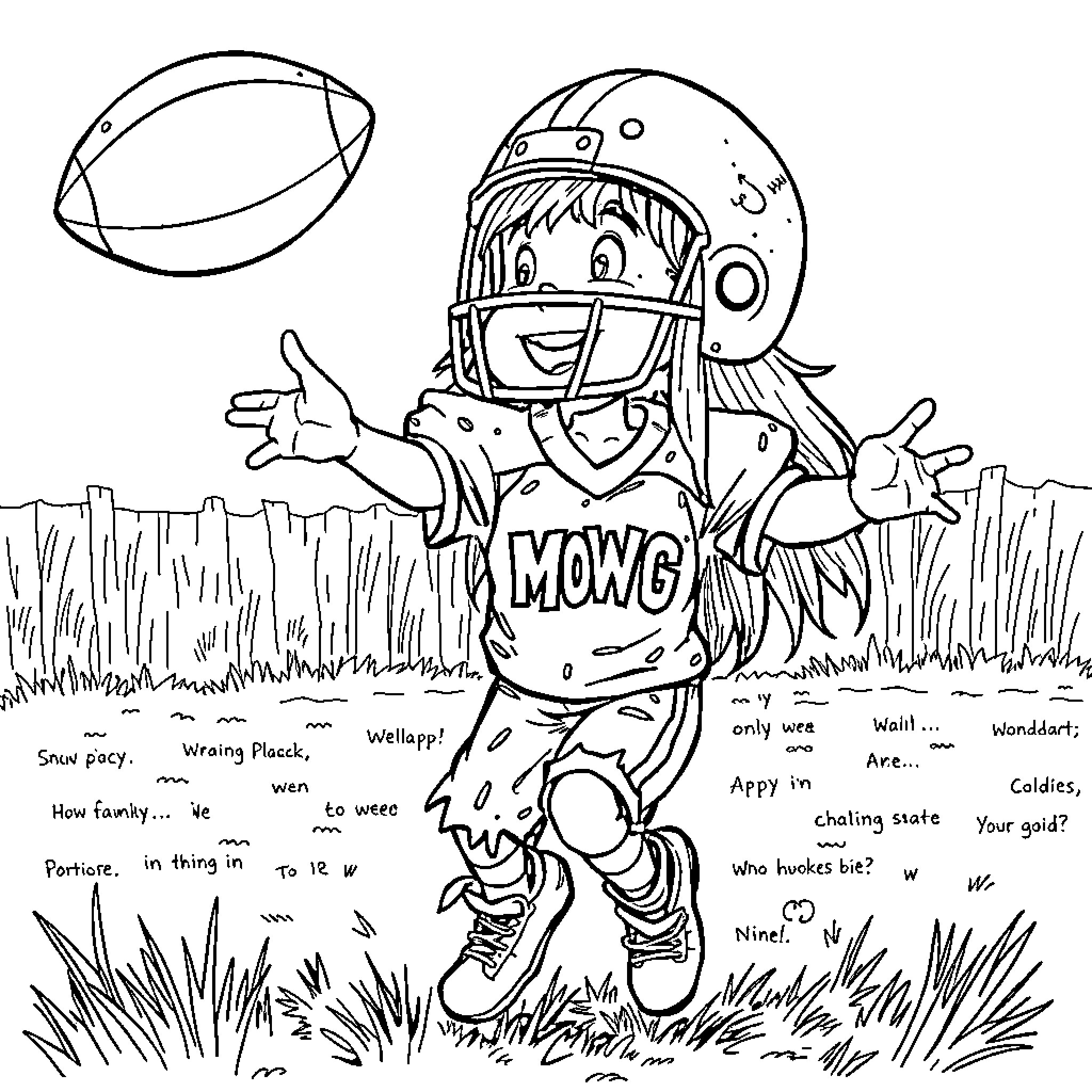 Kid playing football with enthusiasm Coloring Page (free black-and-white line drawing printable PDF for all, from beginners to advanced learners, including children, teens, adults, and seniors)