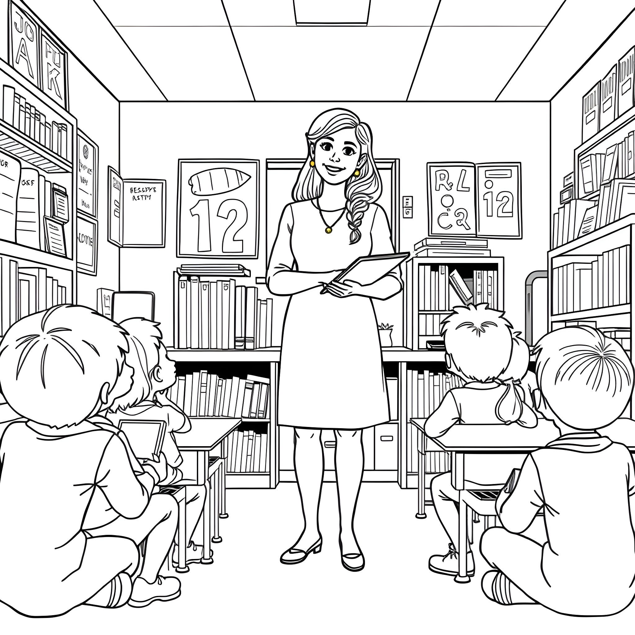 Teacher guiding students in the classroom Coloring Page (free black-and-white line drawing printable PDF for all, from beginners to advanced learners, including children, teens, adults, and seniors)