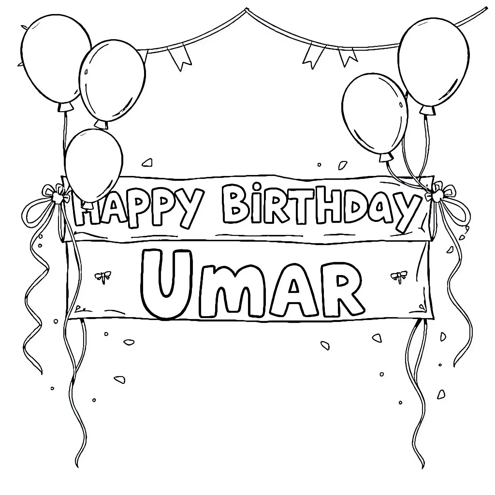 Birthday celebration for Umar Coloring Page (free black-and-white line drawing printable PDF for all, from beginners to advanced learners, including children, teens, adults, and seniors)