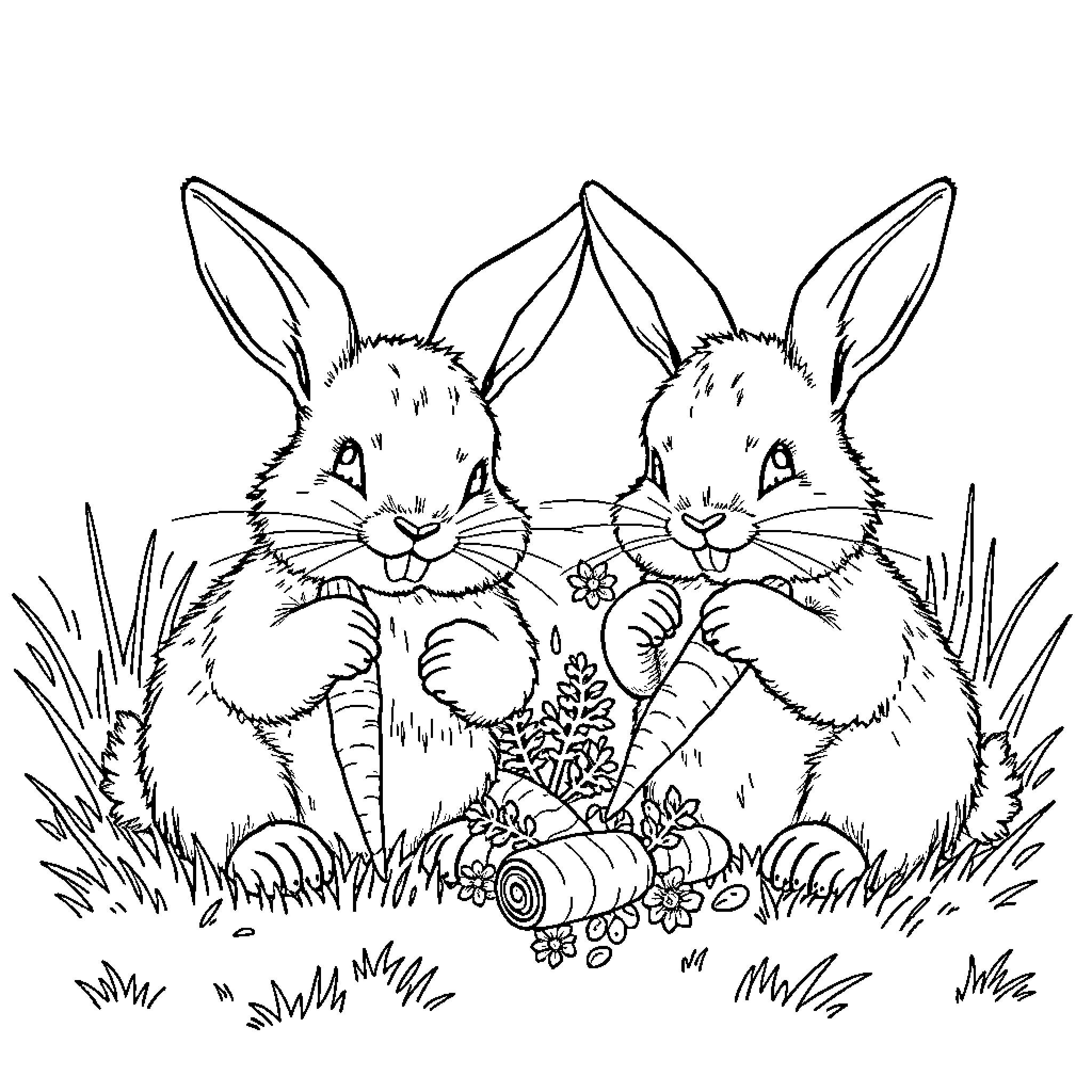 Bunny companions in nature Coloring Page (free black-and-white line drawing printable PDF for all, from beginners to advanced learners, including children, teens, adults, and seniors)