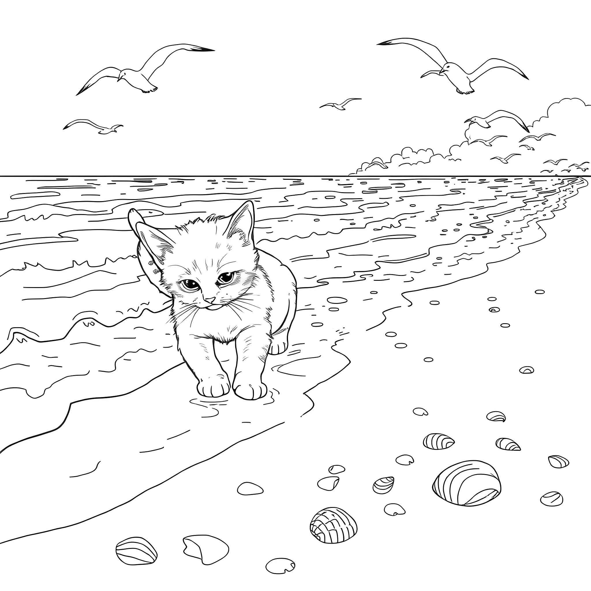 Kitten walking on the beach Coloring Page (free black-and-white line drawing printable PDF for all, from beginners to advanced learners, including children, teens, adults, and seniors)