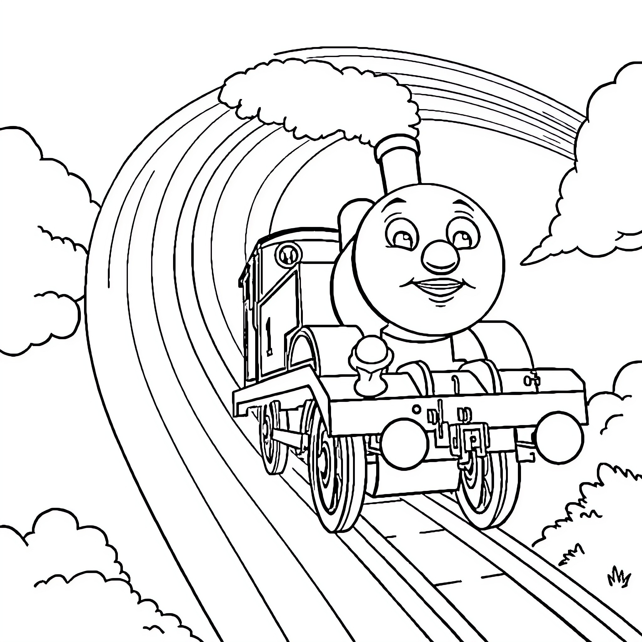 Thomas the Tank Engine's Cheerful Journey Coloring Page (free black-and-white line drawing printable PDF for all, from beginners to advanced learners, including children, teens, adults, and seniors)