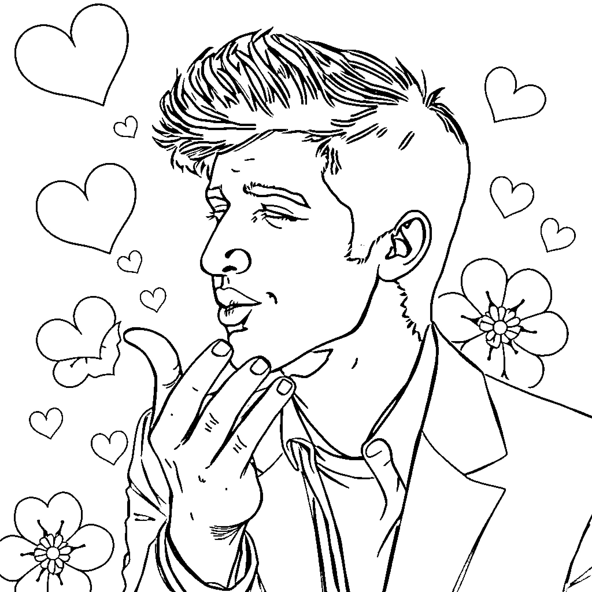Pedro Pascal in a whimsical floral illustration Coloring Page (free black-and-white line drawing printable PDF for all, from beginners to advanced learners, including children, teens, adults, and seniors)