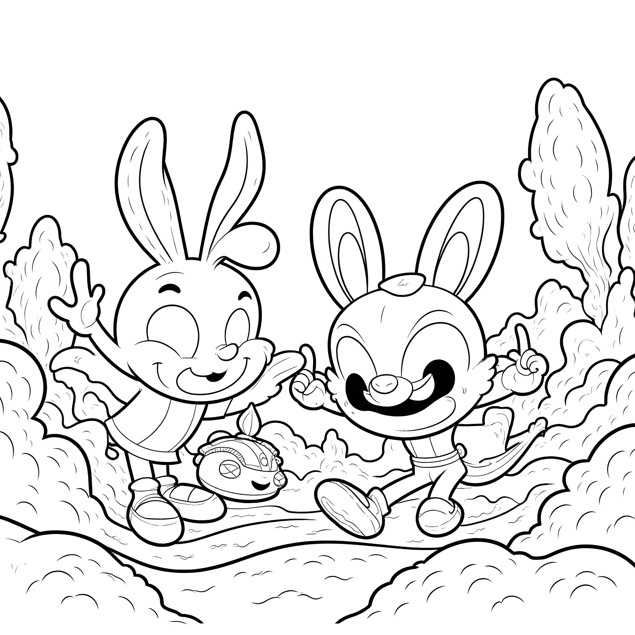 Toejam and Earl Enjoy a Playful Adventure Coloring Page (free black-and-white line drawing printable PDF for all, from beginners to advanced learners, including children, teens, adults, and seniors)