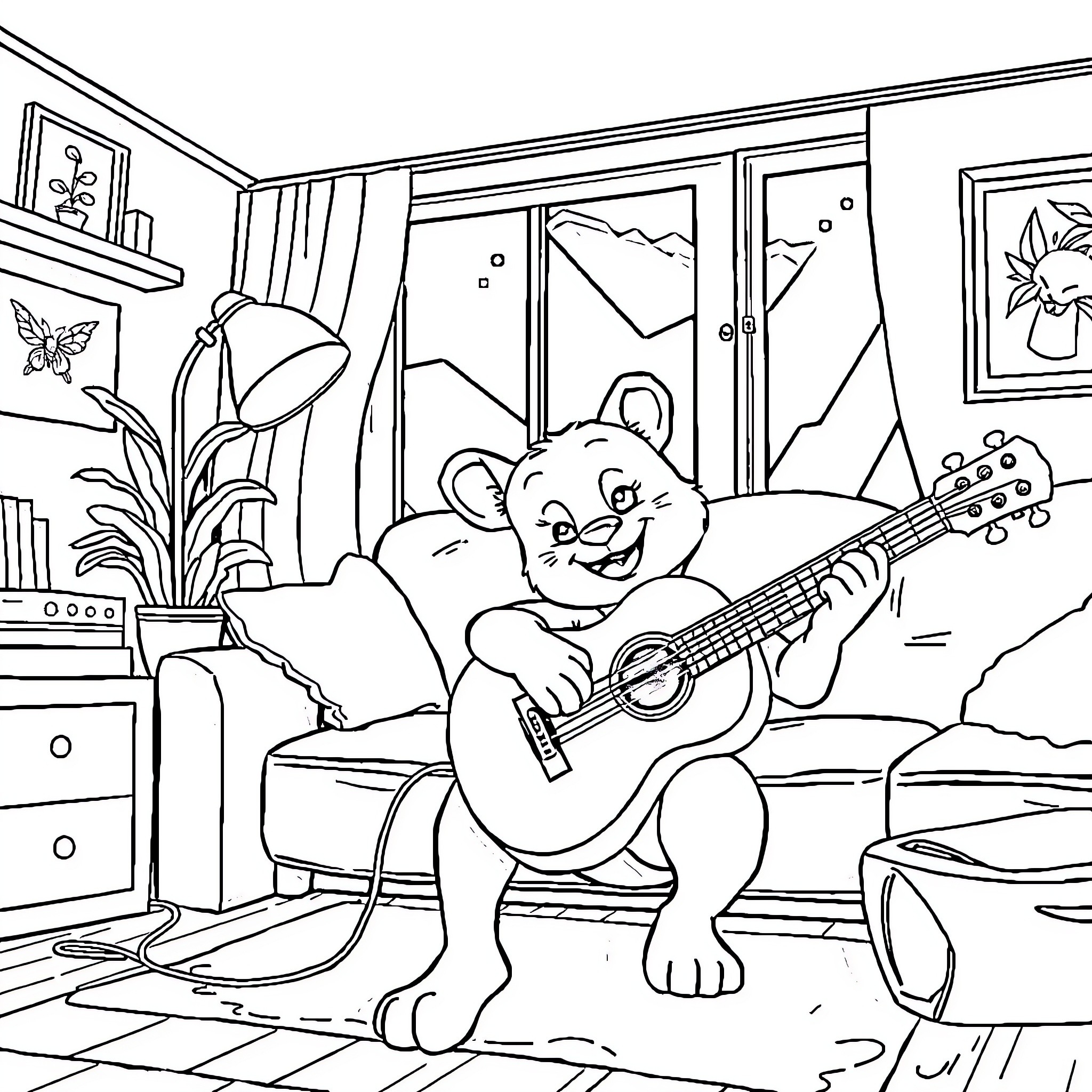 Bluey playing guitar in cozy bedroom Coloring Page (free black-and-white line drawing printable PDF for all, from beginners to advanced learners, including children, teens, adults, and seniors)