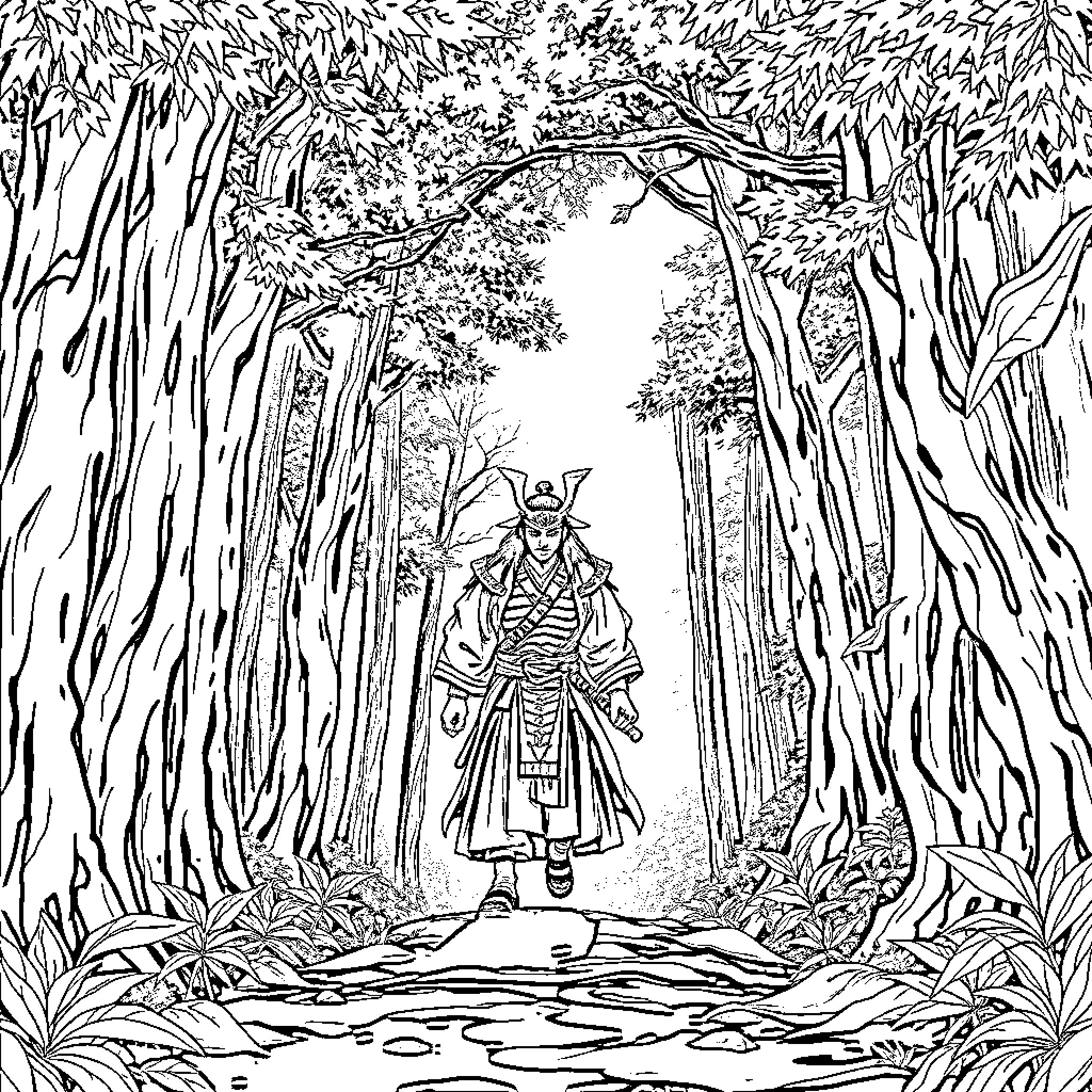 Samurai traversing the enchanted forest Coloring Page (free black-and-white line drawing printable PDF for all, from beginners to advanced learners, including children, teens, adults, and seniors)