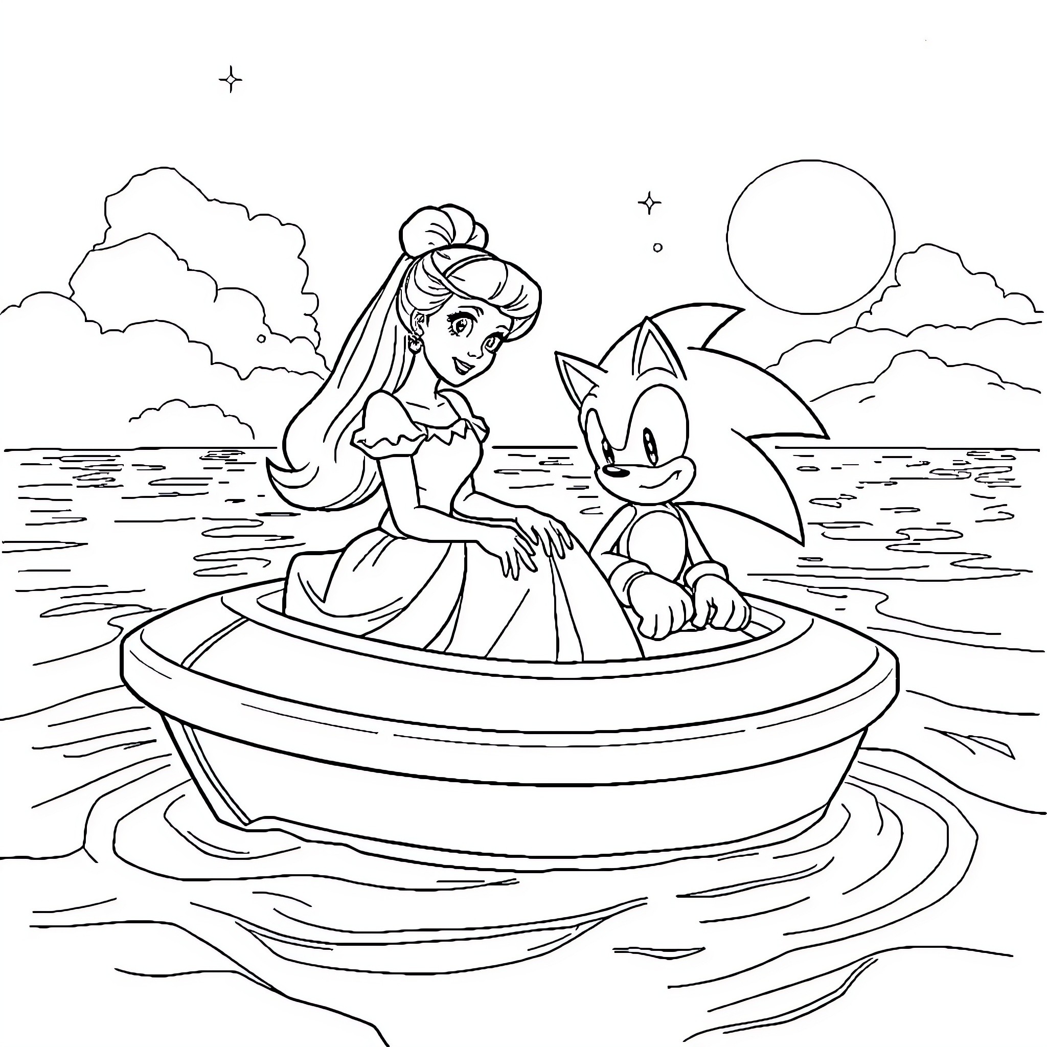 Cinderella and Sonic the Hedgehog in a Boat Coloring Page (free black-and-white line drawing printable PDF for all, from beginners to advanced learners, including children, teens, adults, and seniors)