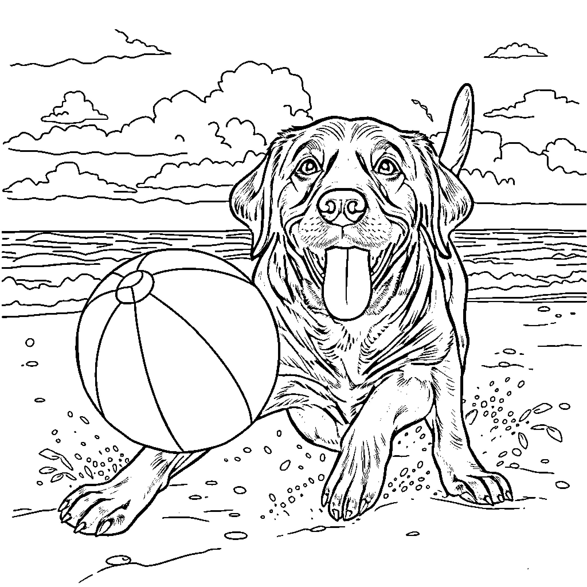 Dog enjoying a sunny day at the beach Coloring Page (free black-and-white line drawing printable PDF for all, from beginners to advanced learners, including children, teens, adults, and seniors)