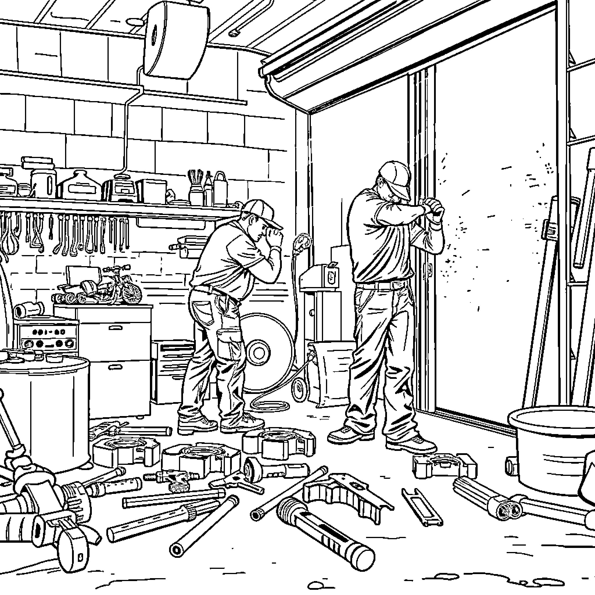 Guy working on repairs in cluttered workshop Coloring Page (free black-and-white line drawing printable PDF for all, from beginners to advanced learners, including children, teens, adults, and seniors)
