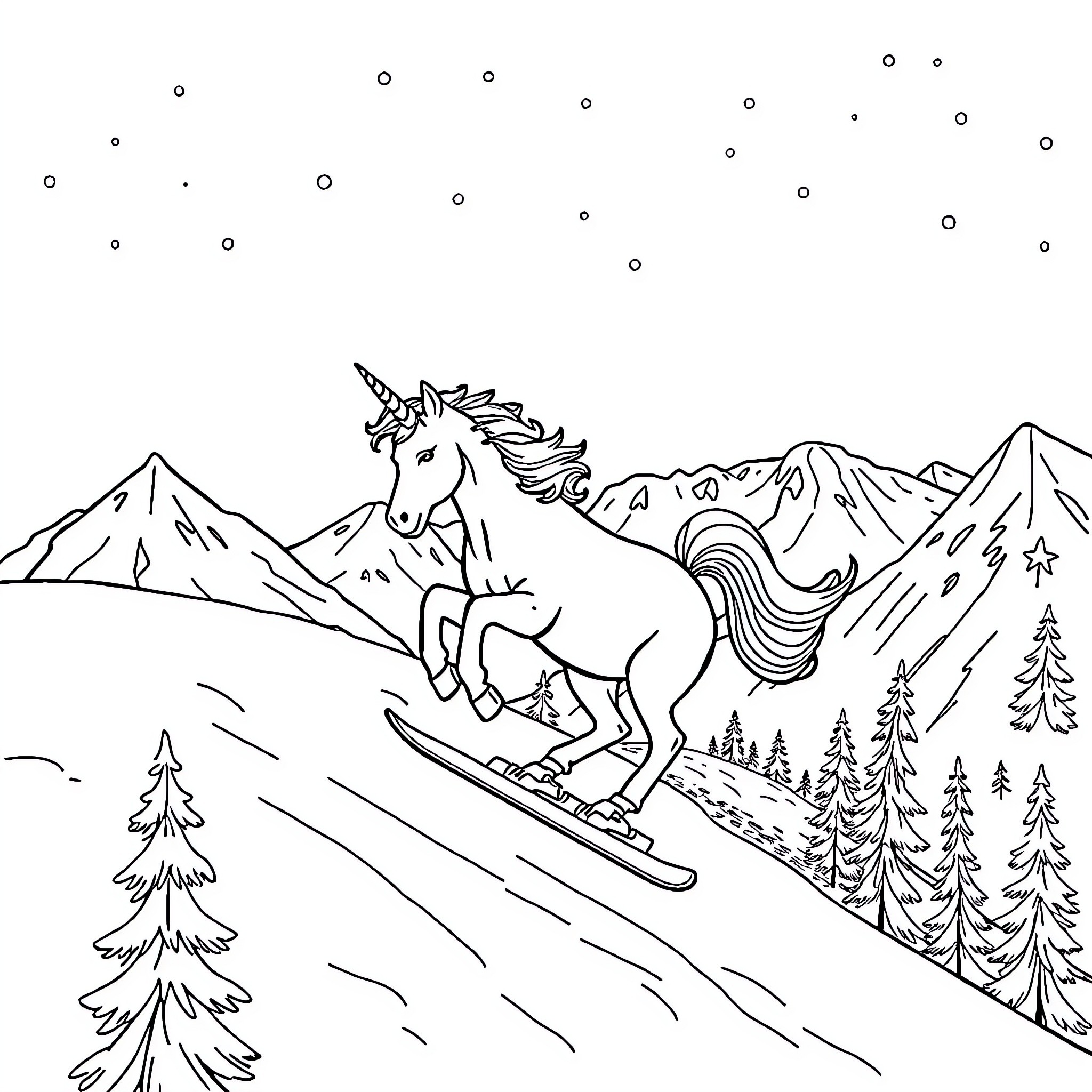 Unicorn skiing down snowy mountain slopes Coloring Page (free black-and-white line drawing printable PDF for all, from beginners to advanced learners, including children, teens, adults, and seniors)
