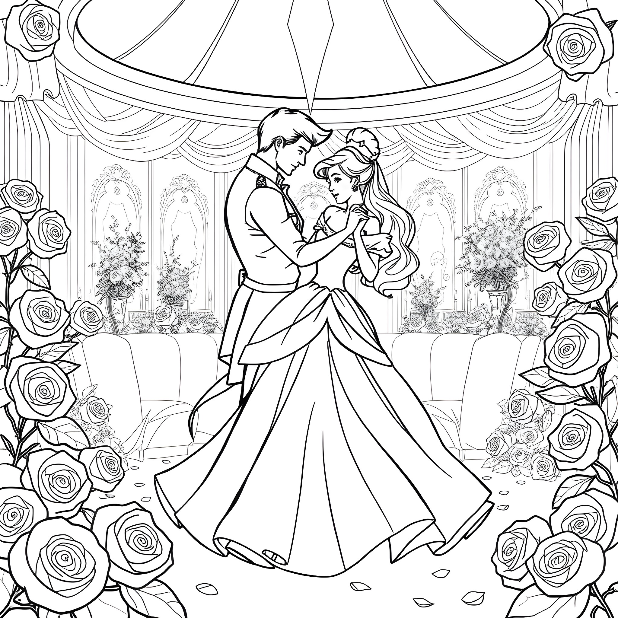 Cinderella's Elegant Ball Dance Coloring Page (free black-and-white line drawing printable PDF for all, from beginners to advanced learners, including children, teens, adults, and seniors)