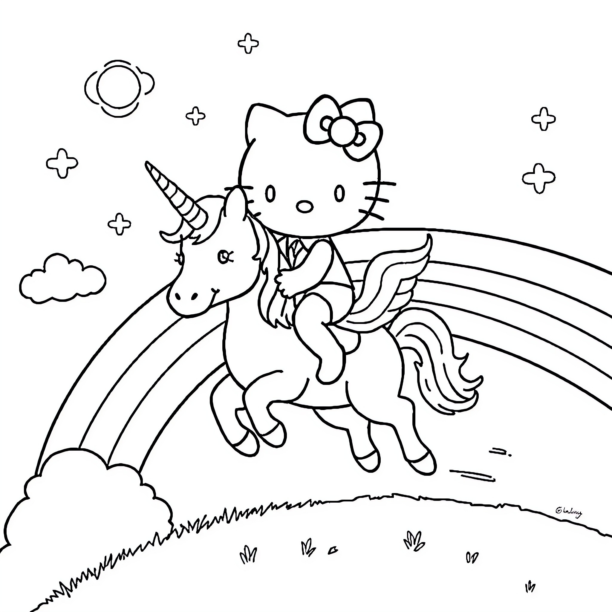 Hello Kitty riding a magical unicorn through the clouds Coloring Page (free black-and-white line drawing printable PDF for all, from beginners to advanced learners, including children, teens, adults, and seniors)