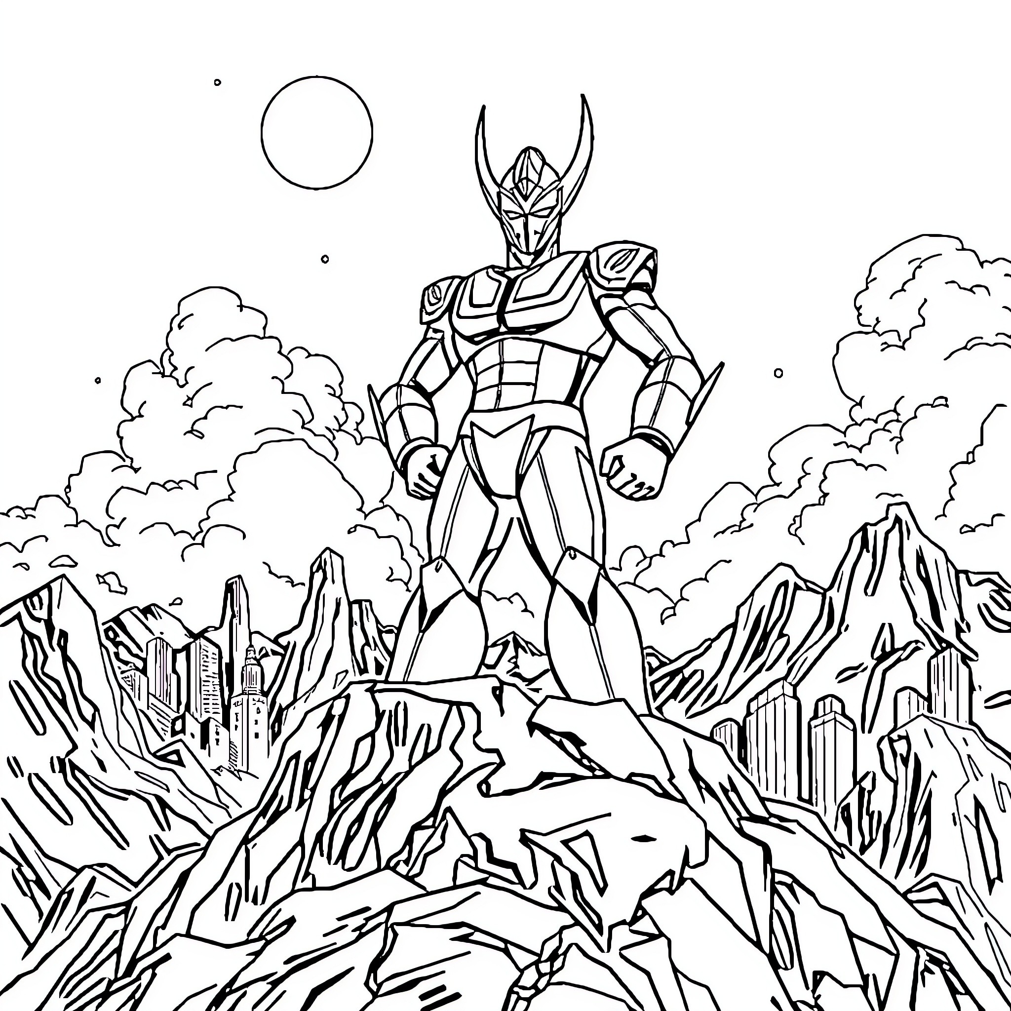 Ultraman Triumphant in the Mountainous Landscape Coloring Page (free black-and-white line drawing printable PDF for all, from beginners to advanced learners, including children, teens, adults, and seniors)