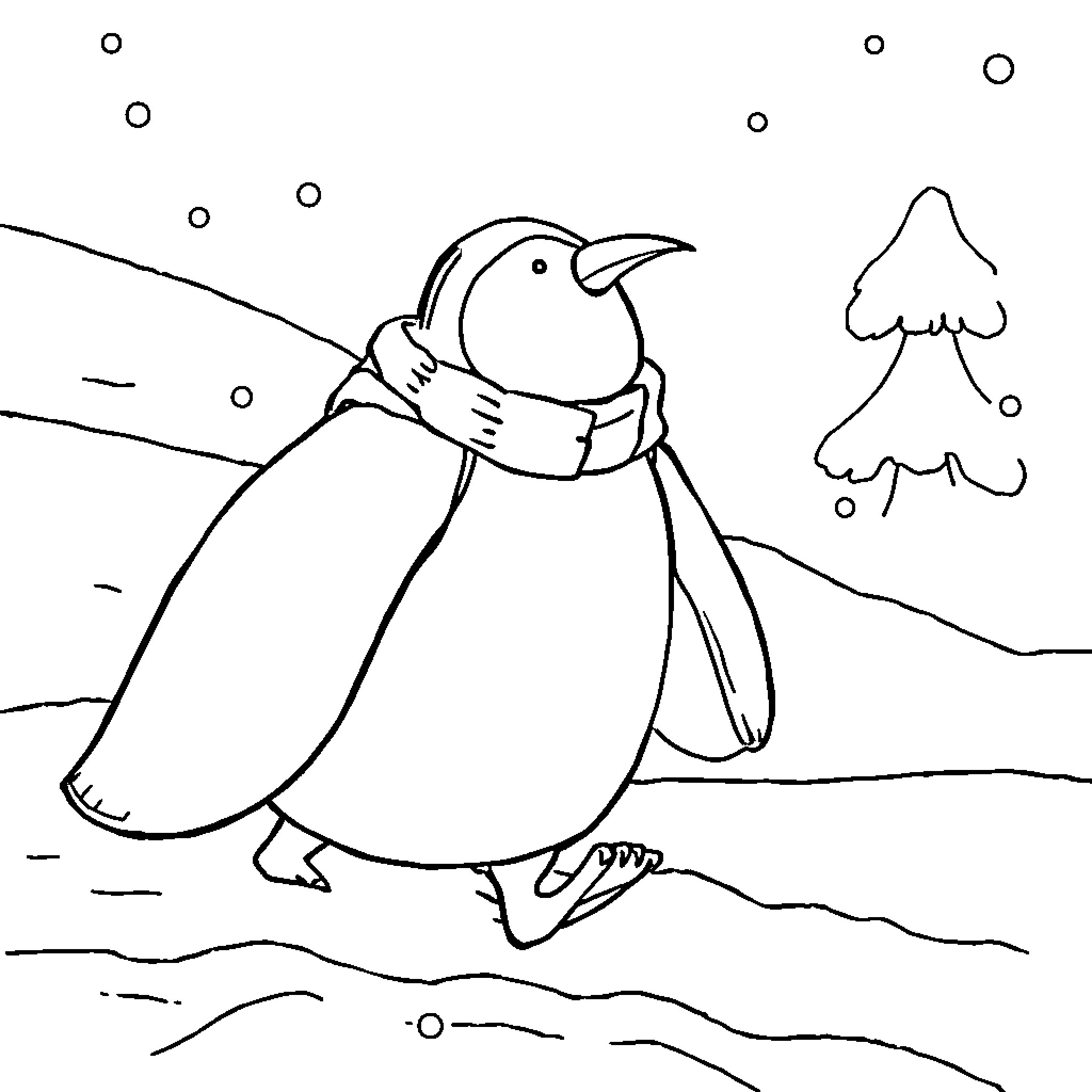 Firefighter penguin bravely exploring the snowy landscape Coloring Page (free black-and-white line drawing printable PDF for all, from beginners to advanced learners, including children, teens, adults, and seniors)
