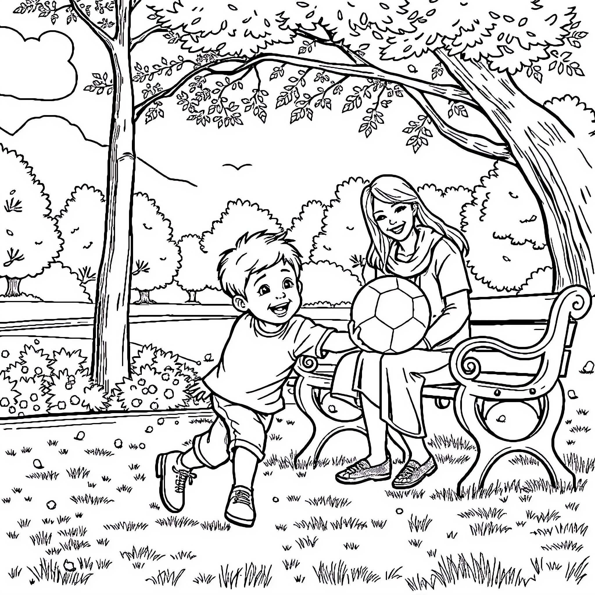Boy and girl playing soccer in the park Coloring Page (free black-and-white line drawing printable PDF for all, from beginners to advanced learners, including children, teens, adults, and seniors)