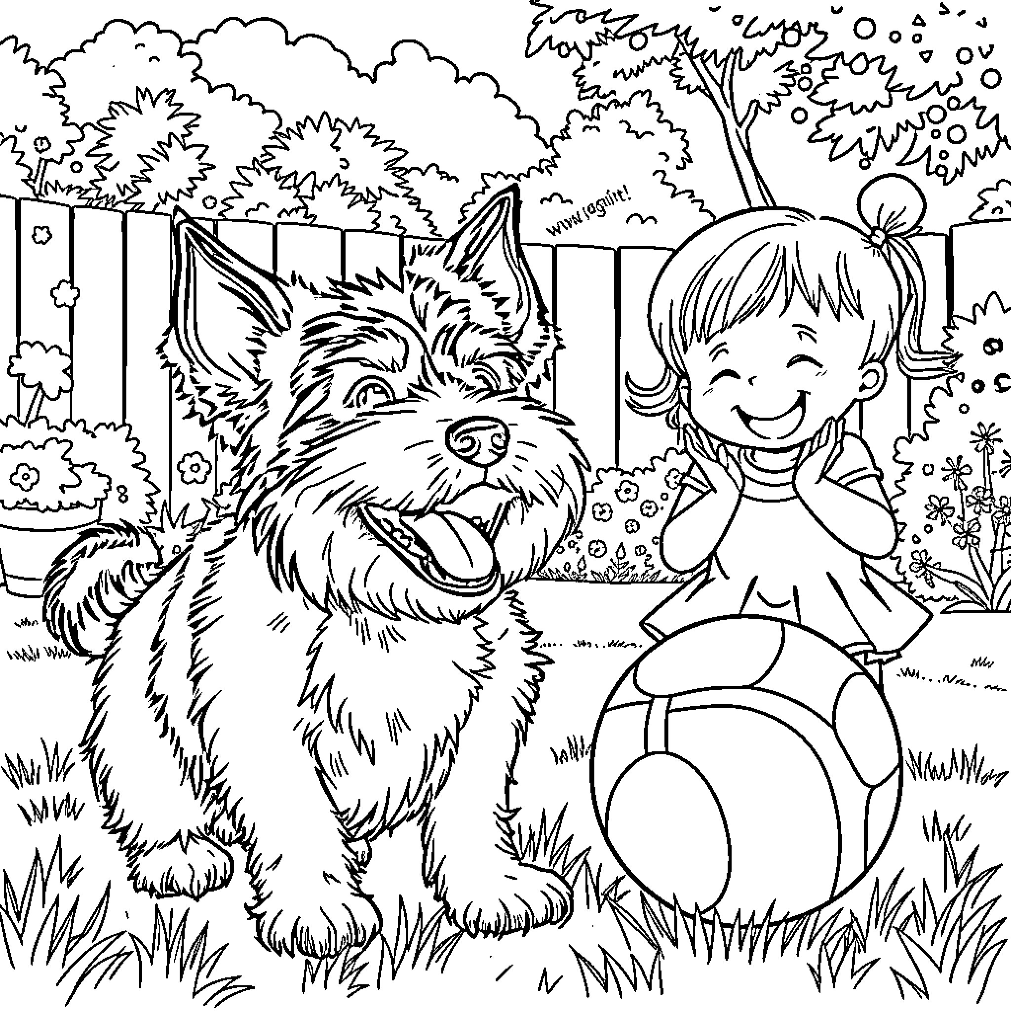 Dandie Dinmont Terrier playing happily with child in backyard Coloring Page (free black-and-white line drawing printable PDF for all, from beginners to advanced learners, including children, teens, adults, and seniors)