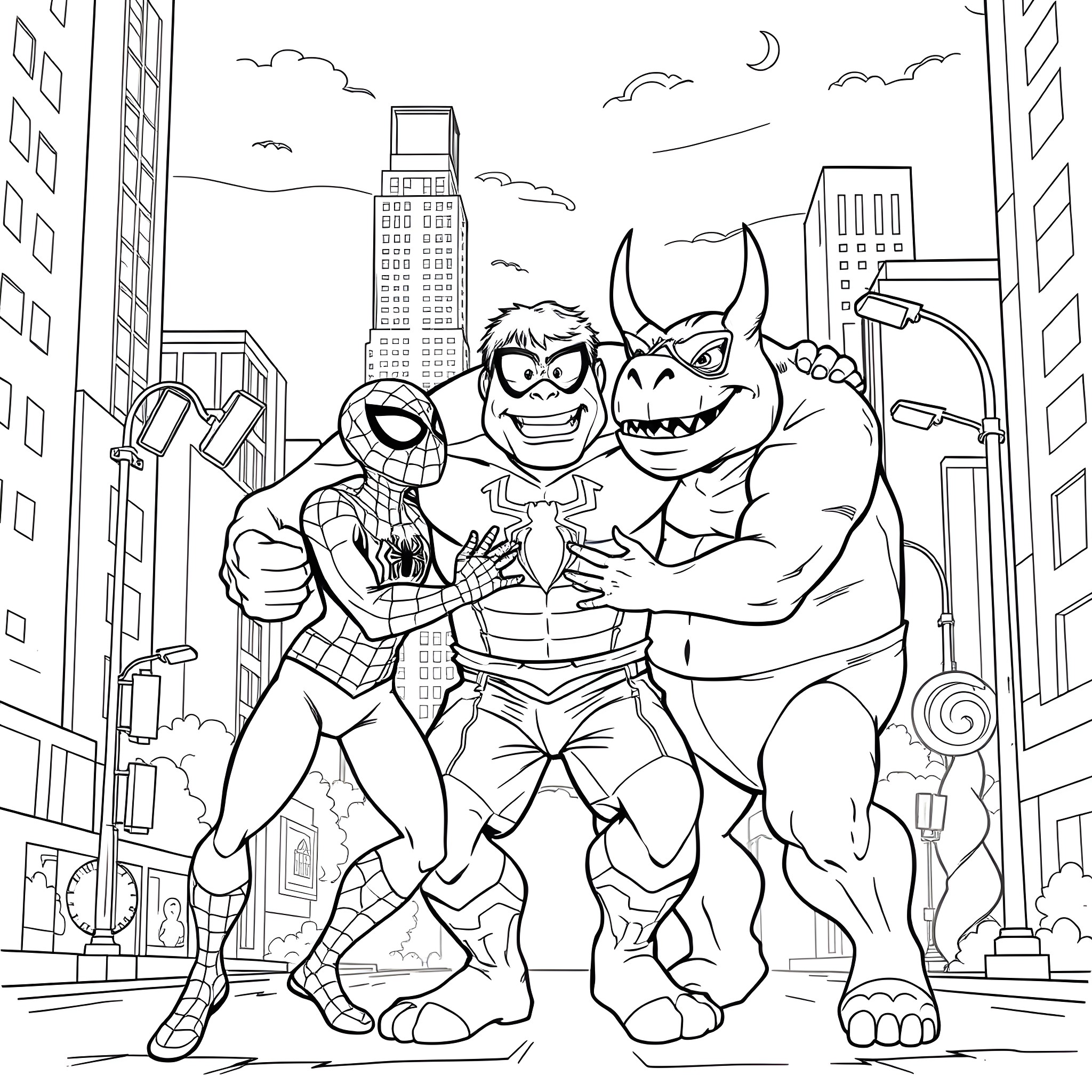 Spiderman posing with superhero and villain in the city Coloring Page (free black-and-white line drawing printable PDF for all, from beginners to advanced learners, including children, teens, adults, and seniors)