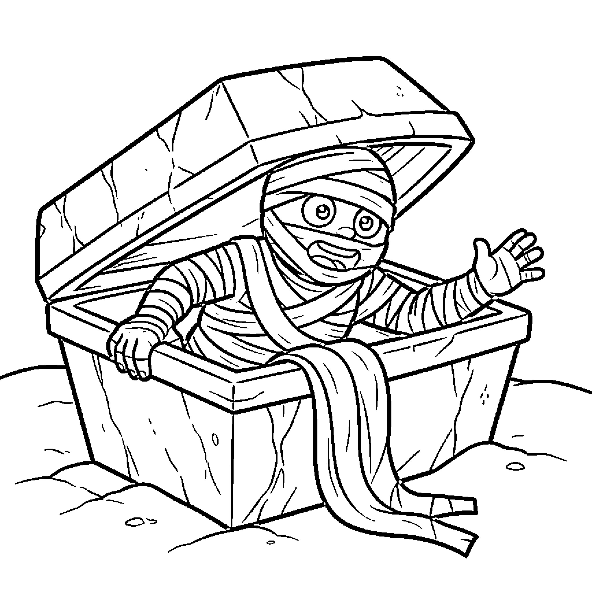 Mummy waving excitedly from inside a stone sarcophagus Coloring Page (free black-and-white line drawing printable PDF for all, from beginners to advanced learners, including children, teens, adults, and seniors)