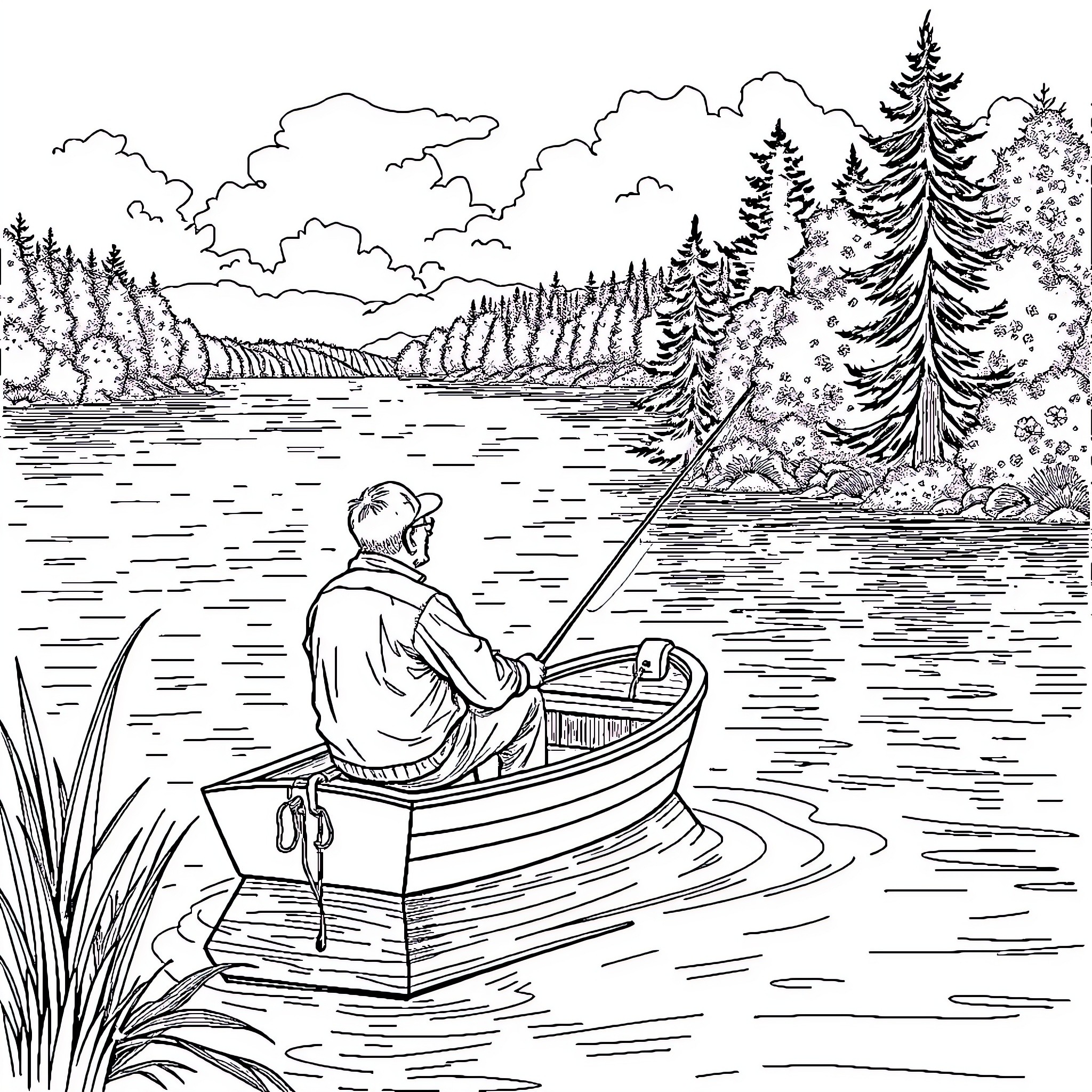 Grandpa fishing peacefully on a calm lake Coloring Page (free black-and-white line drawing printable PDF for all, from beginners to advanced learners, including children, teens, adults, and seniors)