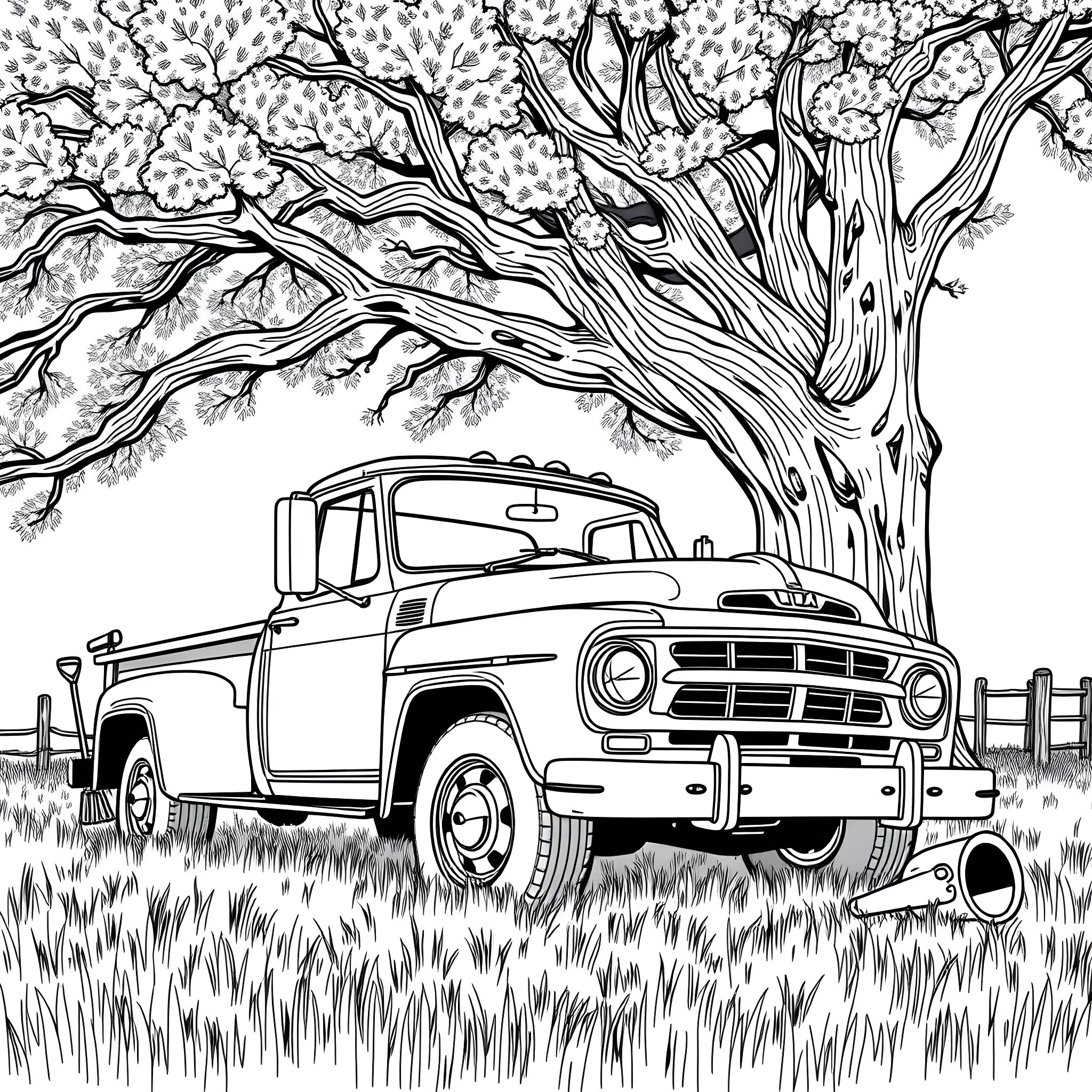 Truck parked beneath the branching tree Coloring Page (free black-and-white line drawing printable PDF for all, from beginners to advanced learners, including children, teens, adults, and seniors)