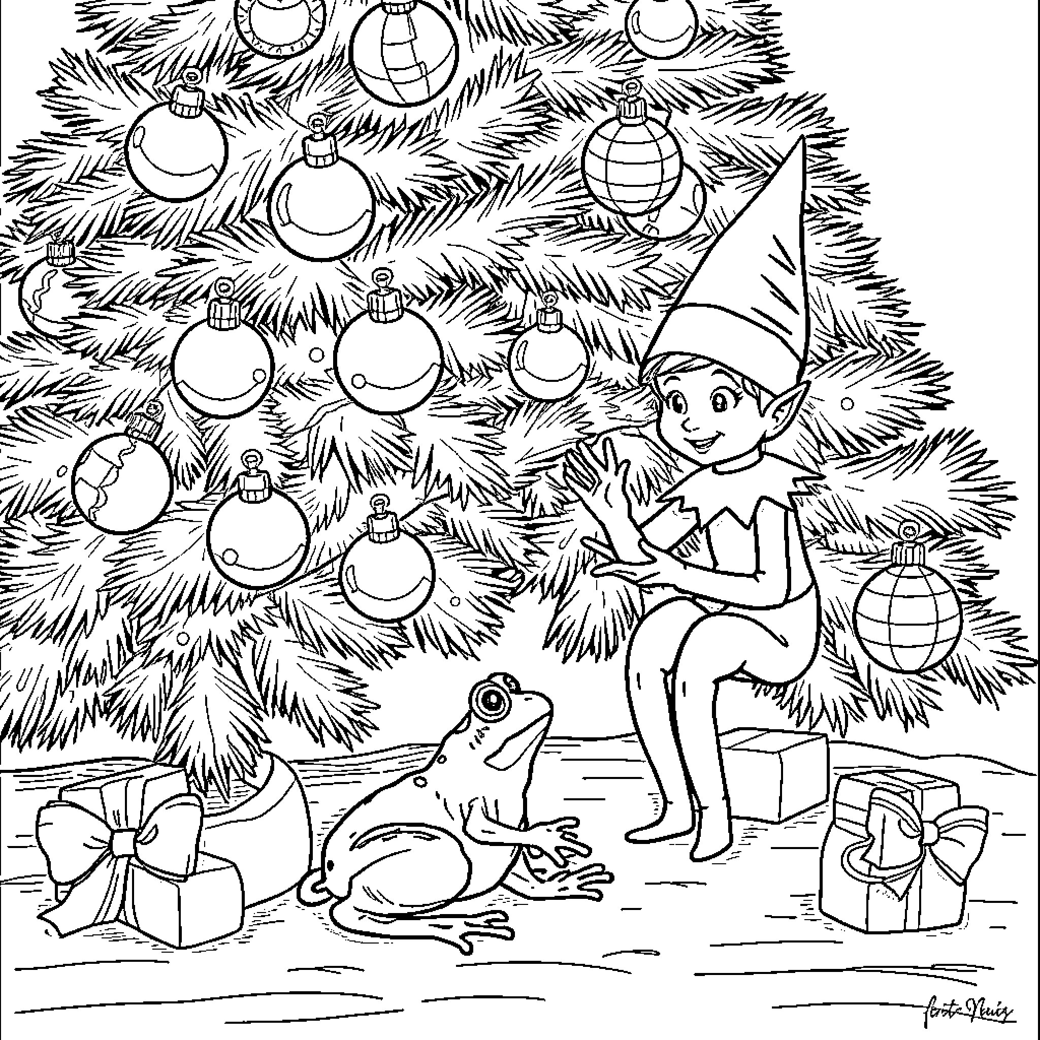 Elf decorating Christmas tree with a frog Coloring Page (free black-and-white line drawing printable PDF for all, from beginners to advanced learners, including children, teens, adults, and seniors)