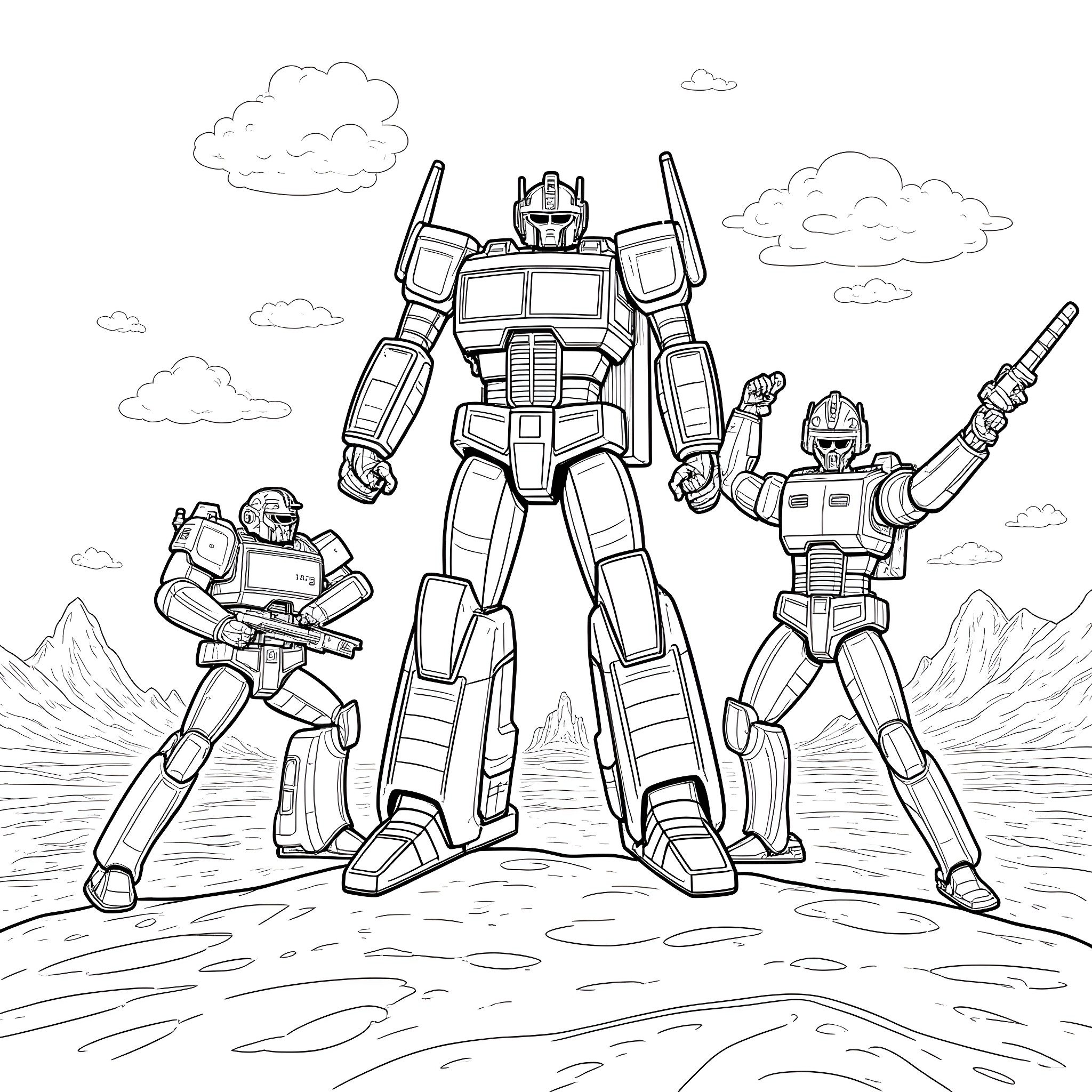 Transformer Robots in Heroic Poses Coloring Page (free black-and-white line drawing printable PDF for all, from beginners to advanced learners, including children, teens, adults, and seniors)