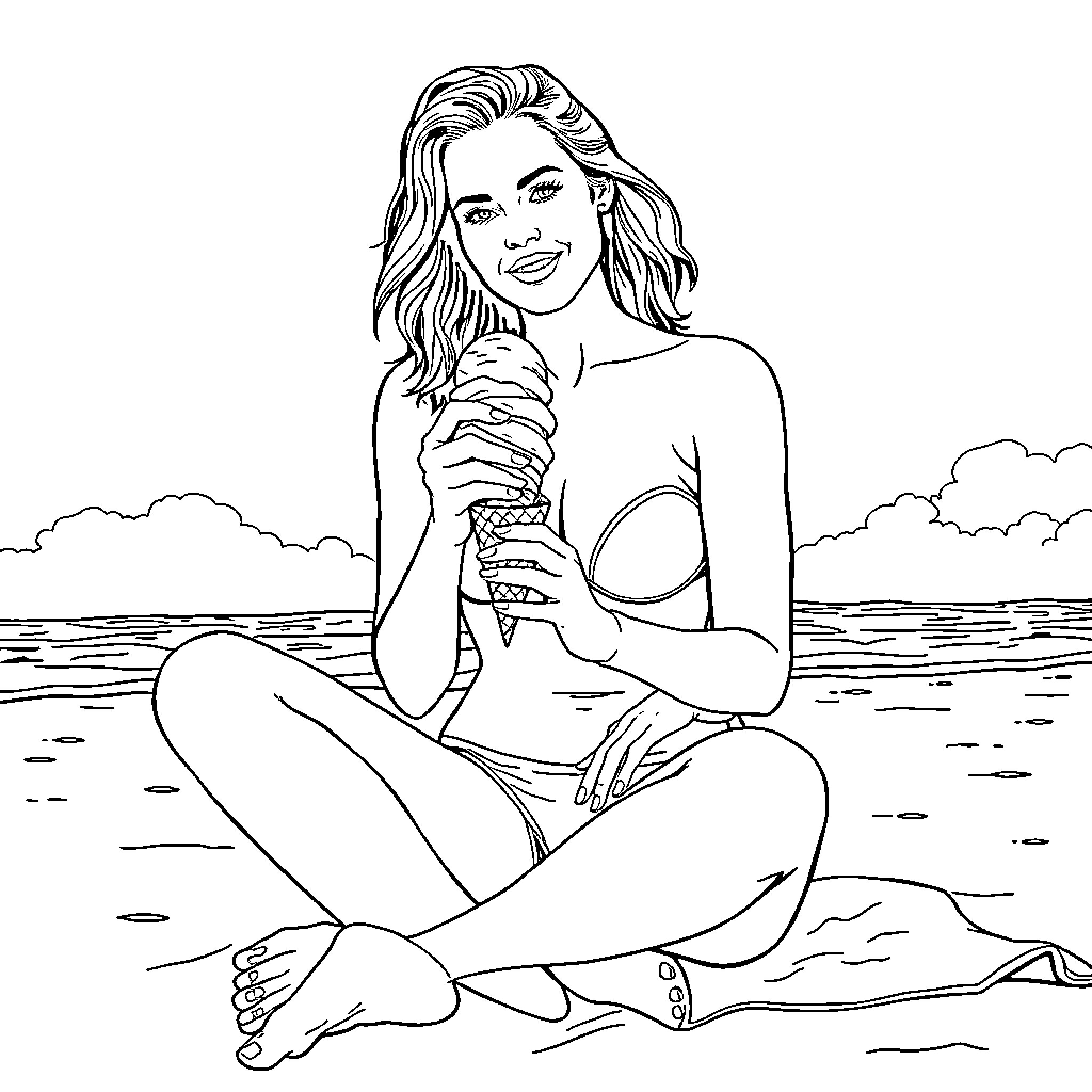 Margot Robbie relaxing on the beach Coloring Page (free black-and-white line drawing printable PDF for all, from beginners to advanced learners, including children, teens, adults, and seniors)