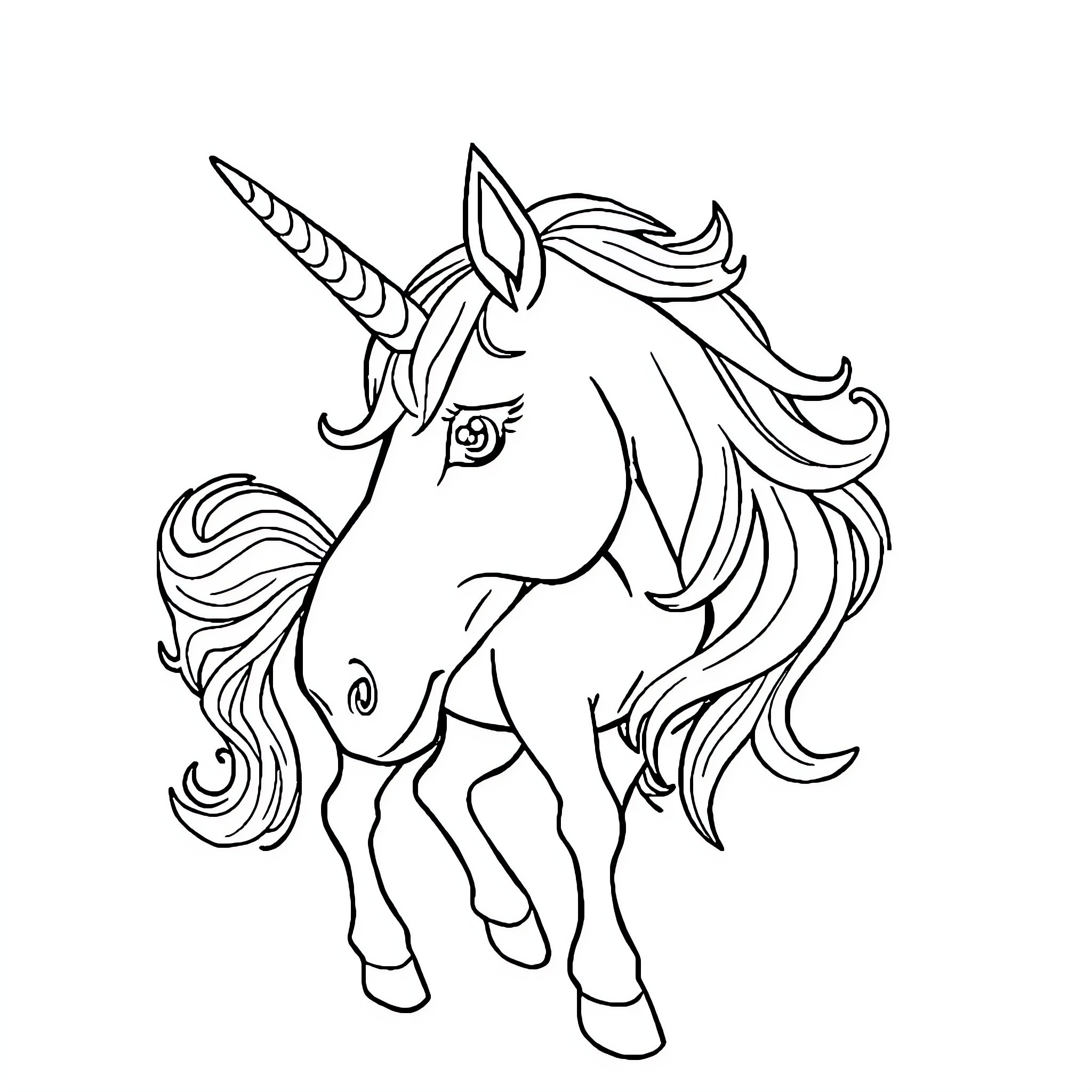 Unicorn standing proudly with flowing mane Coloring Page (free black-and-white line drawing printable PDF for all, from beginners to advanced learners, including children, teens, adults, and seniors)
