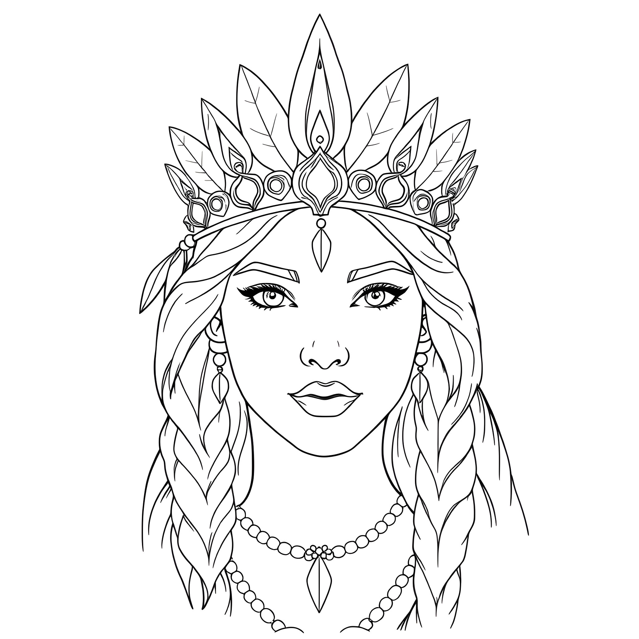 Pocahontas wearing a majestic headdress Coloring Page (free black-and-white line drawing printable PDF for all, from beginners to advanced learners, including children, teens, adults, and seniors)