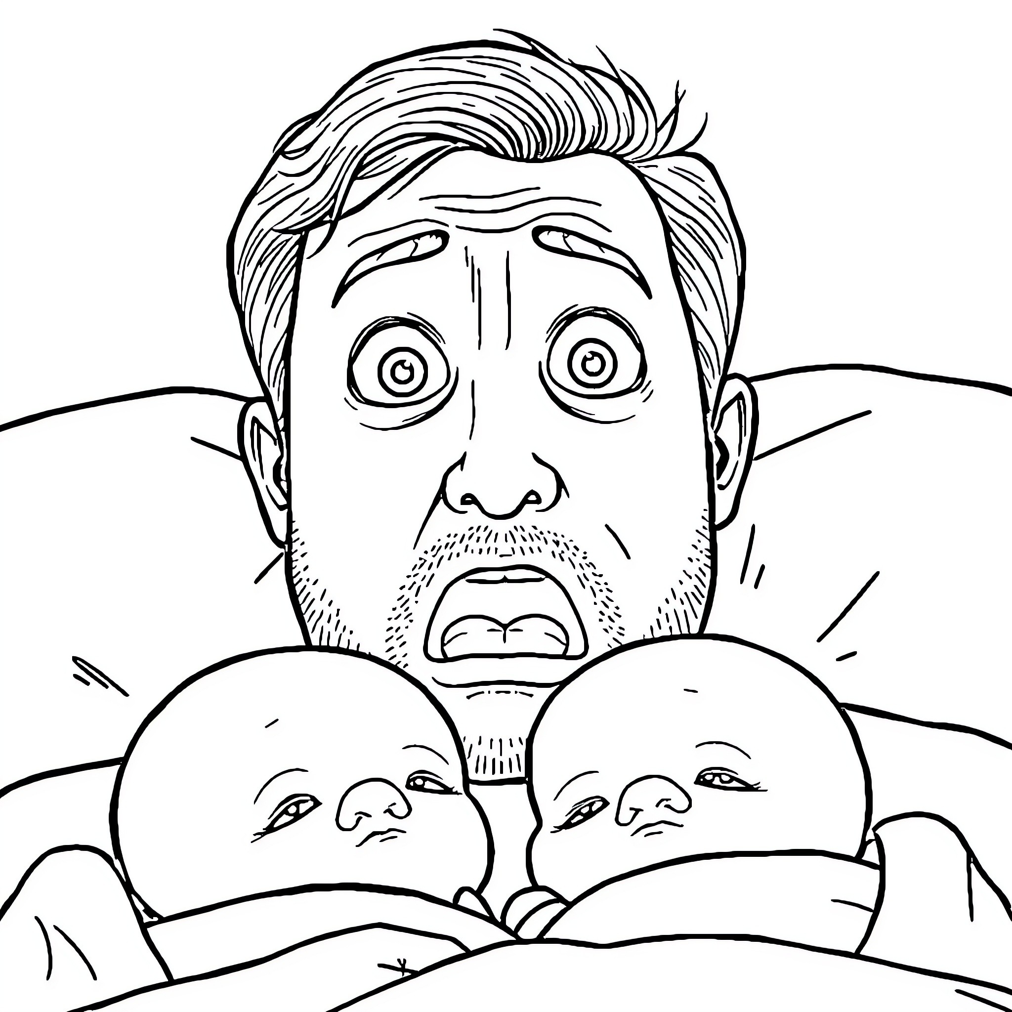 Mark Corrigan's Distressed Expressions with Sleeping Companions Coloring Page (free black-and-white line drawing printable PDF for all, from beginners to advanced learners, including children, teens, adults, and seniors)