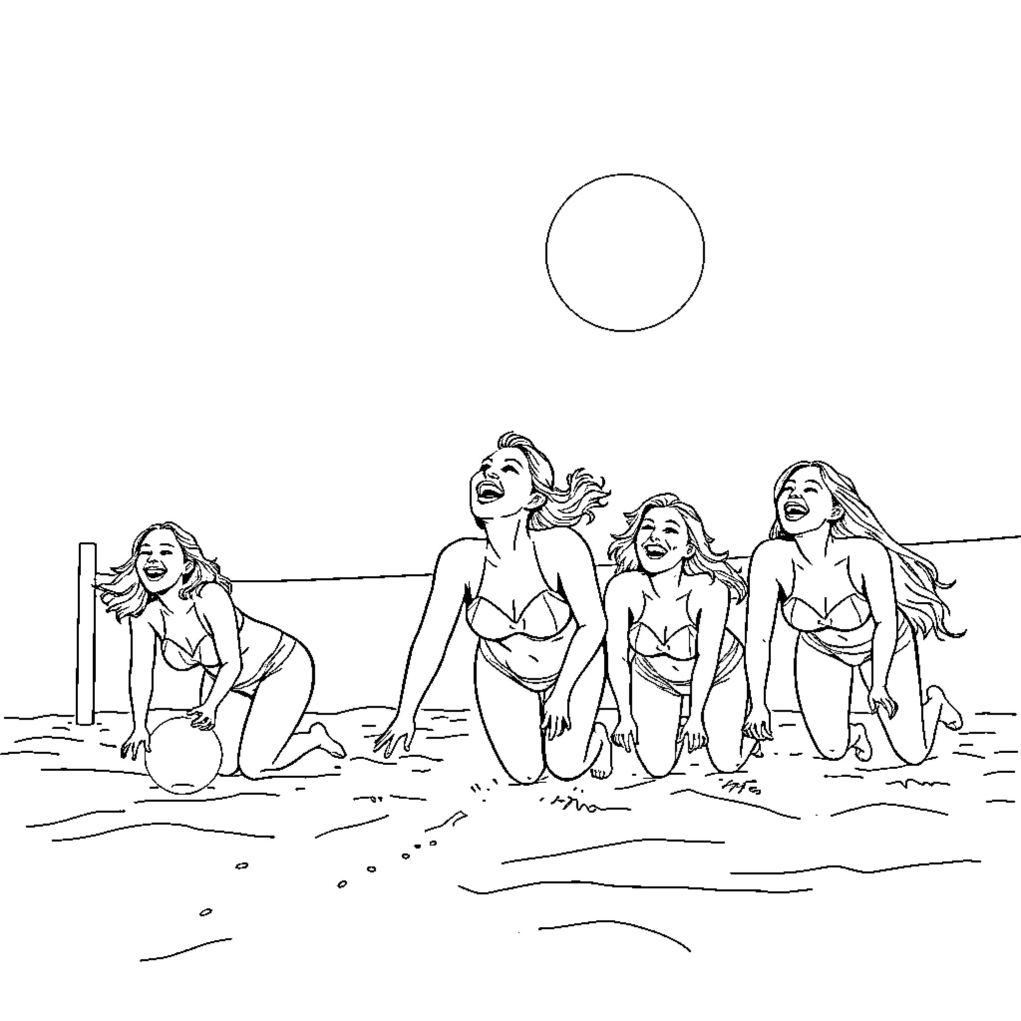 Women enjoying a summer beach day Coloring Page (free black-and-white line drawing printable PDF for all, from beginners to advanced learners, including children, teens, adults, and seniors)