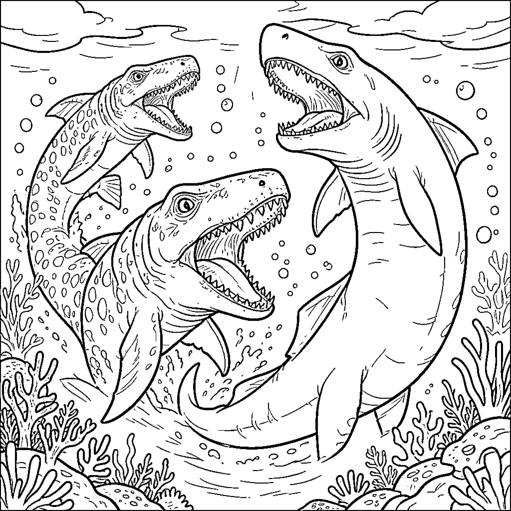Marine Creatures Attacking Each Other in the Ocean Coloring Page (free black-and-white line drawing printable PDF for all, from beginners to advanced learners, including children, teens, adults, and seniors)