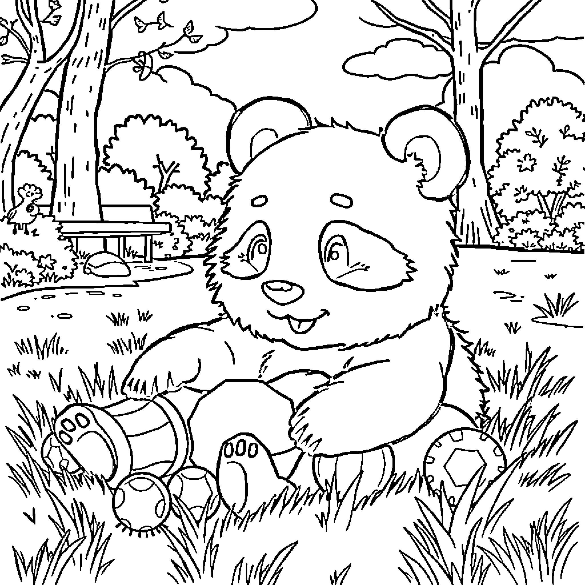 Panda playing with toys in forest landscape Coloring Page (free black-and-white line drawing printable PDF for all, from beginners to advanced learners, including children, teens, adults, and seniors)