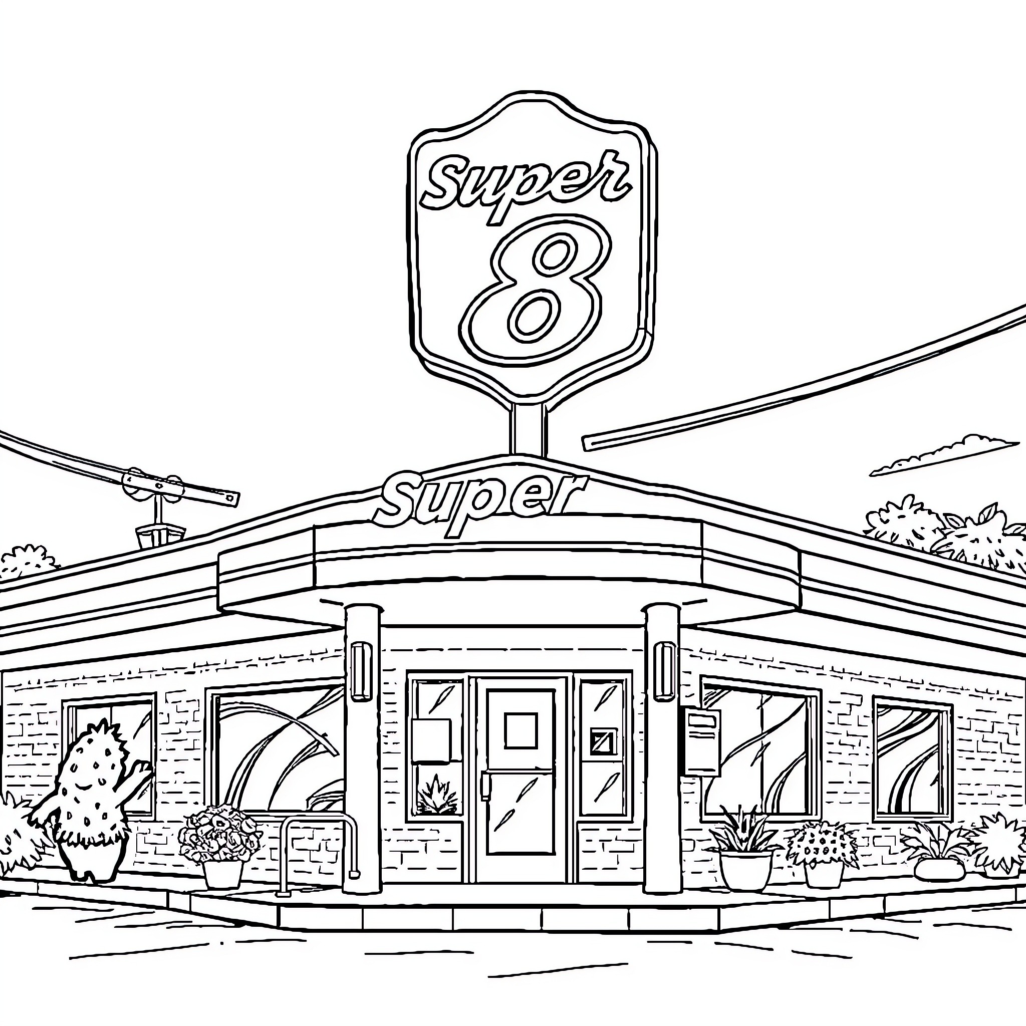 Hotel with Super 8 signage and exterior details Coloring Page (free black-and-white line drawing printable PDF for all, from beginners to advanced learners, including children, teens, adults, and seniors)
