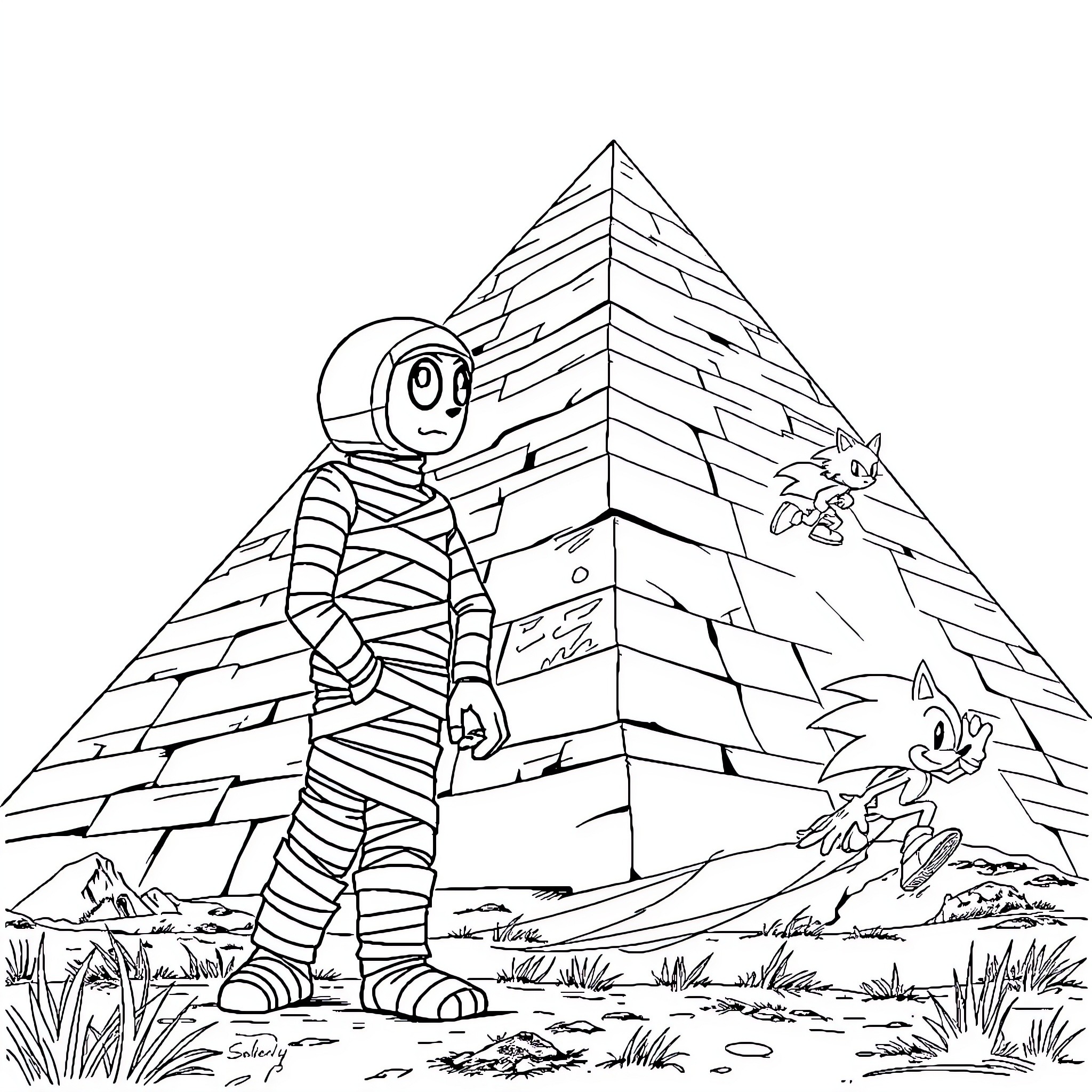 Mummy exploring ancient Egyptian pyramid Coloring Page (free black-and-white line drawing printable PDF for all, from beginners to advanced learners, including children, teens, adults, and seniors)