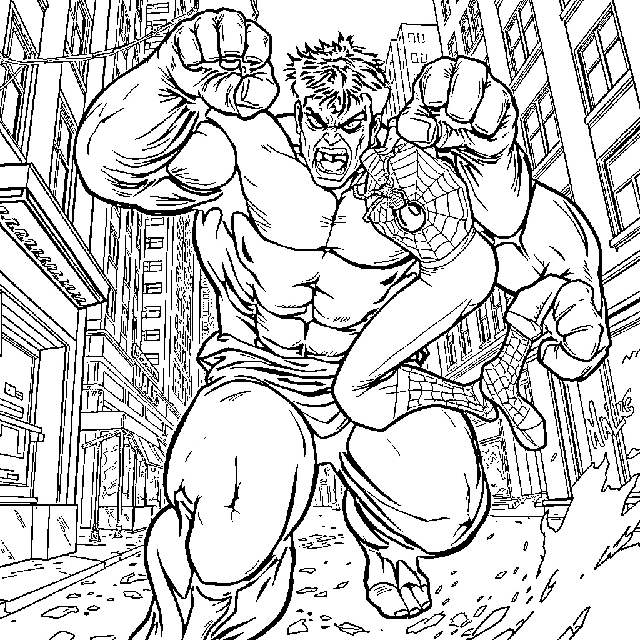 Hulk rampaging through the city with Spider-Man Coloring Page (free black-and-white line drawing printable PDF for all, from beginners to advanced learners, including children, teens, adults, and seniors)