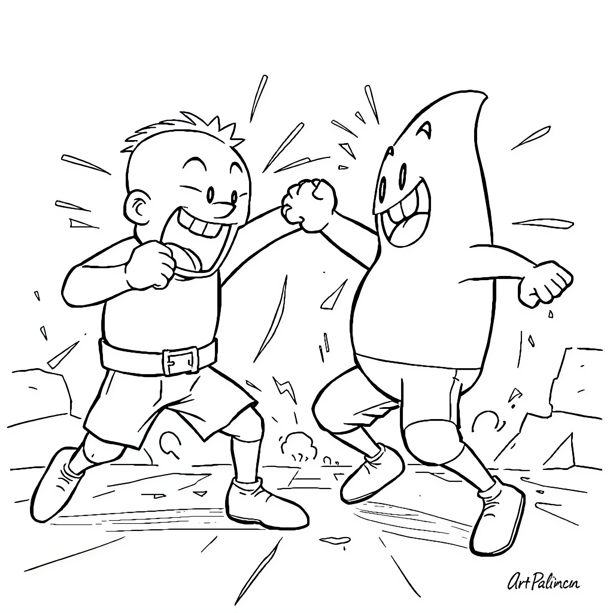 Bob chasing a giant shark monster in a playful chase Coloring Page (free black-and-white line drawing printable PDF for all, from beginners to advanced learners, including children, teens, adults, and seniors)