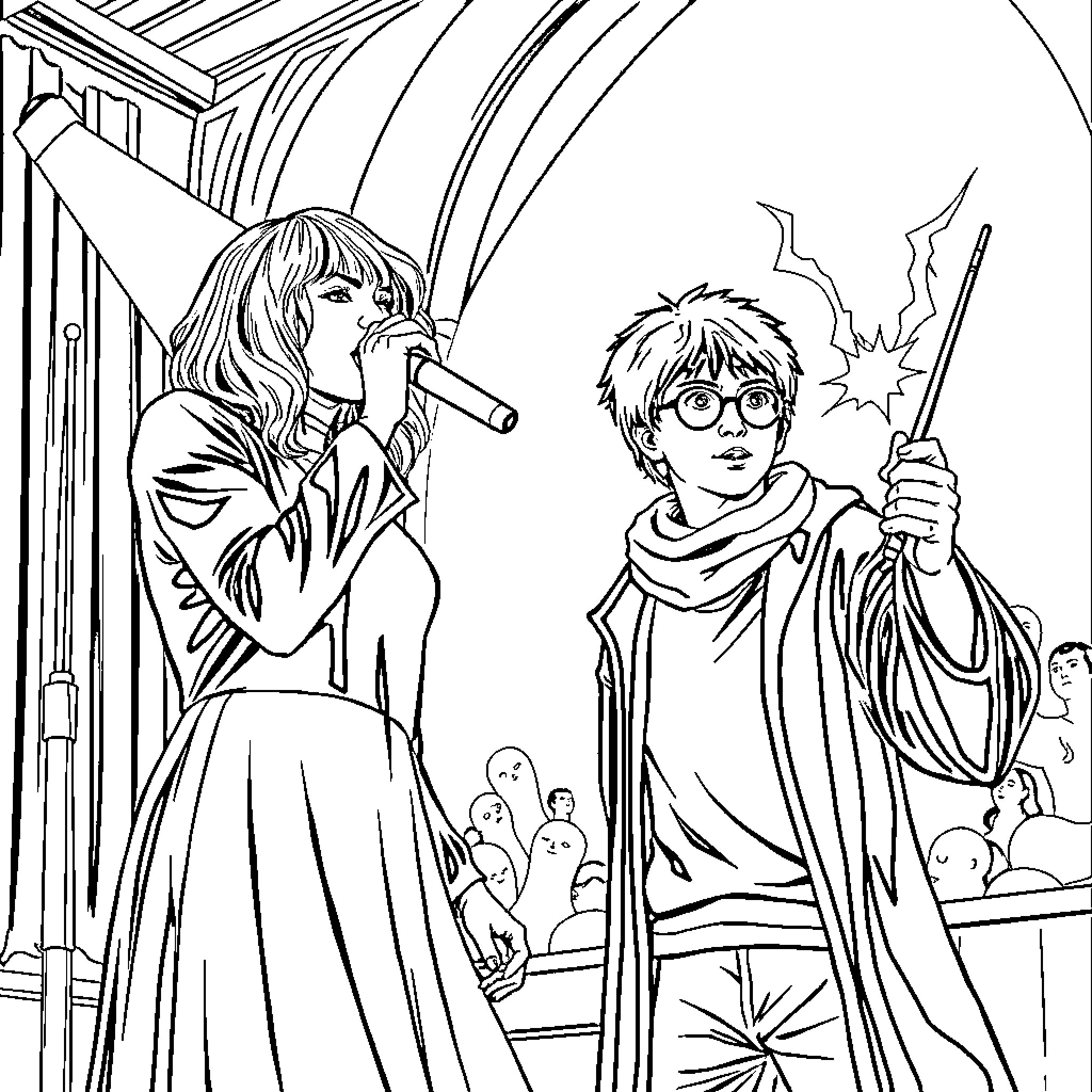 Taylor Swift and Harry Potter Performing on Stage Coloring Page (free black-and-white line drawing printable PDF for all, from beginners to advanced learners, including children, teens, adults, and seniors)