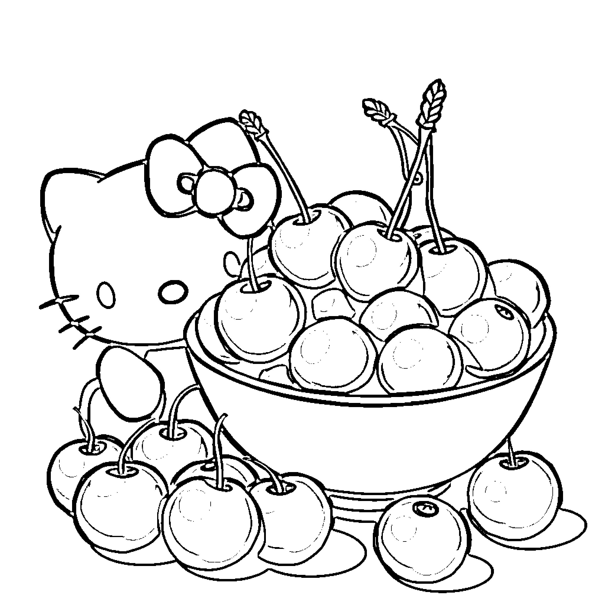 Cherry Bowl of Tasty Treats Coloring Page (free black-and-white line drawing printable PDF for all, from beginners to advanced learners, including children, teens, adults, and seniors)